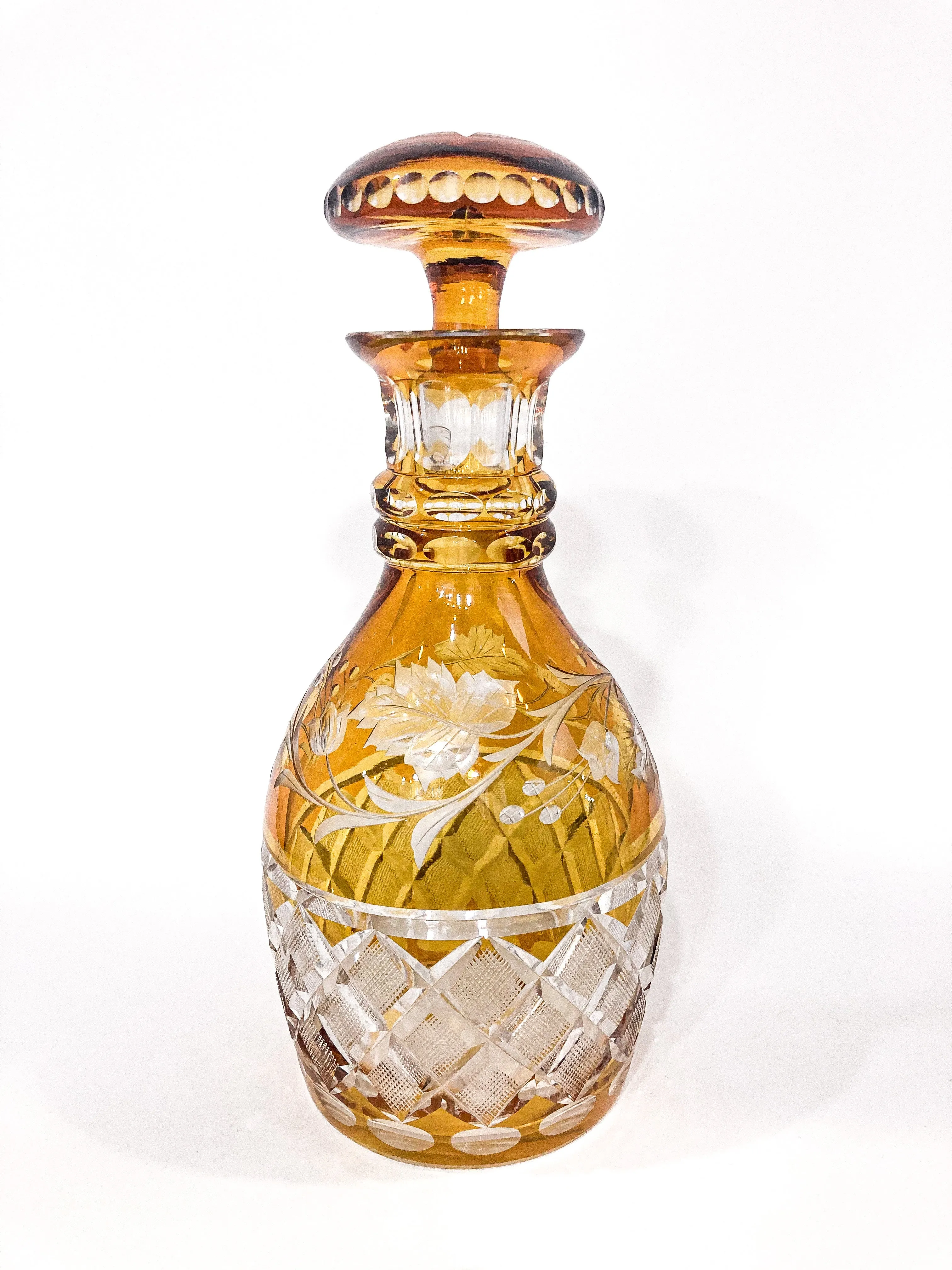 Antique Amber Glass Cut To Clear Floral Vine Motif Mushroom Top Decanter