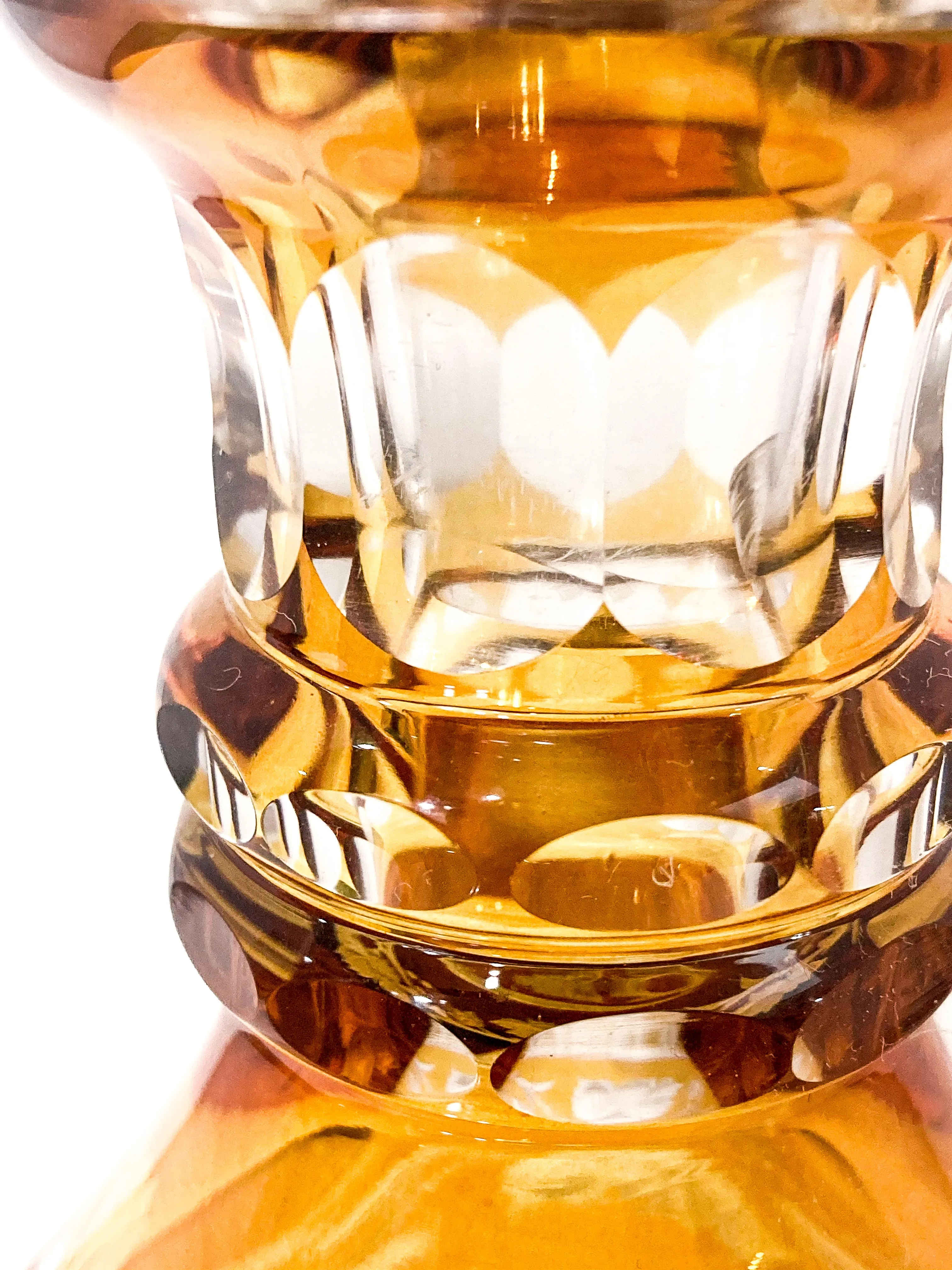 Antique Amber Glass Cut To Clear Floral Vine Motif Mushroom Top Decanter