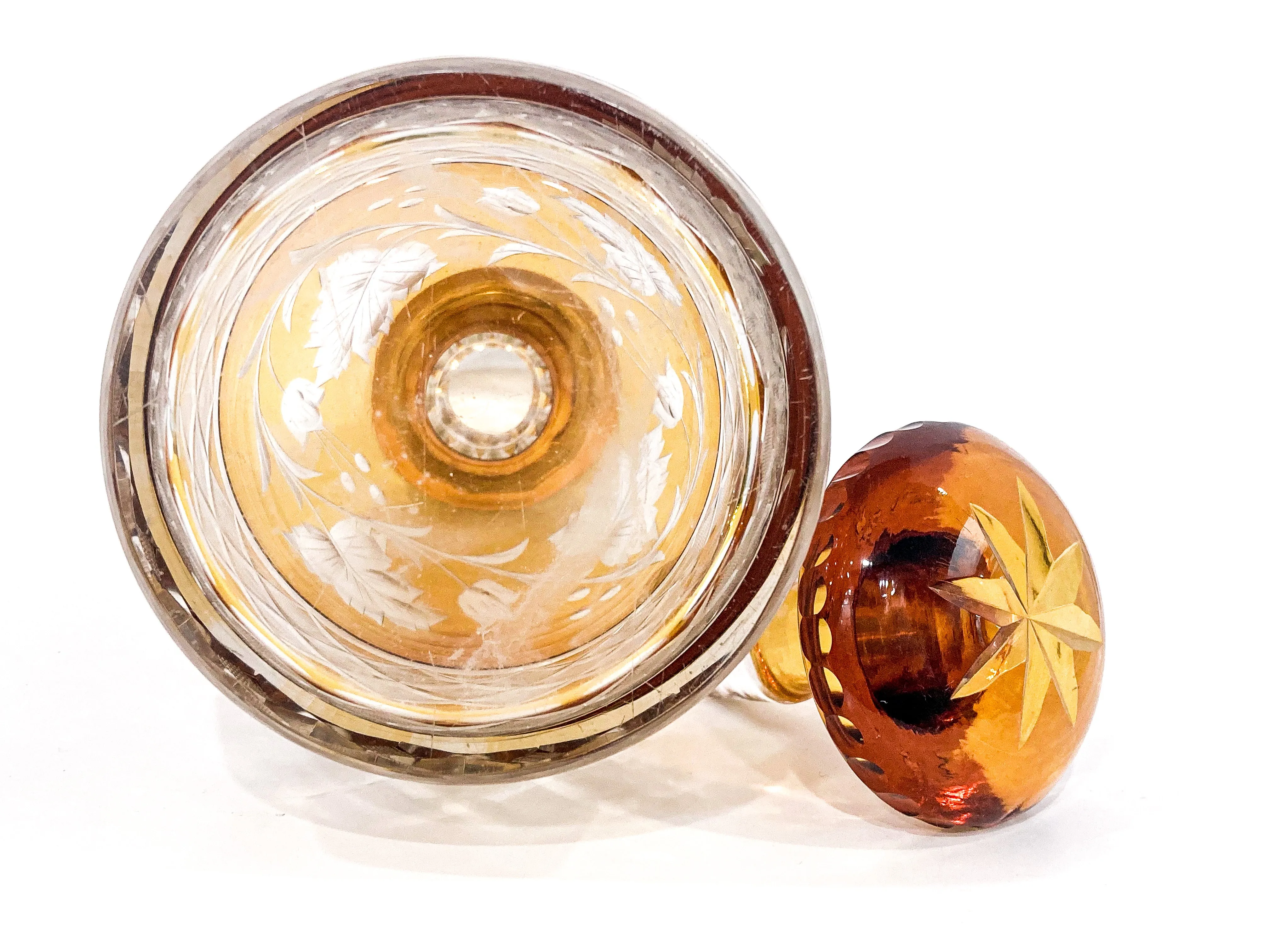 Antique Amber Glass Cut To Clear Floral Vine Motif Mushroom Top Decanter
