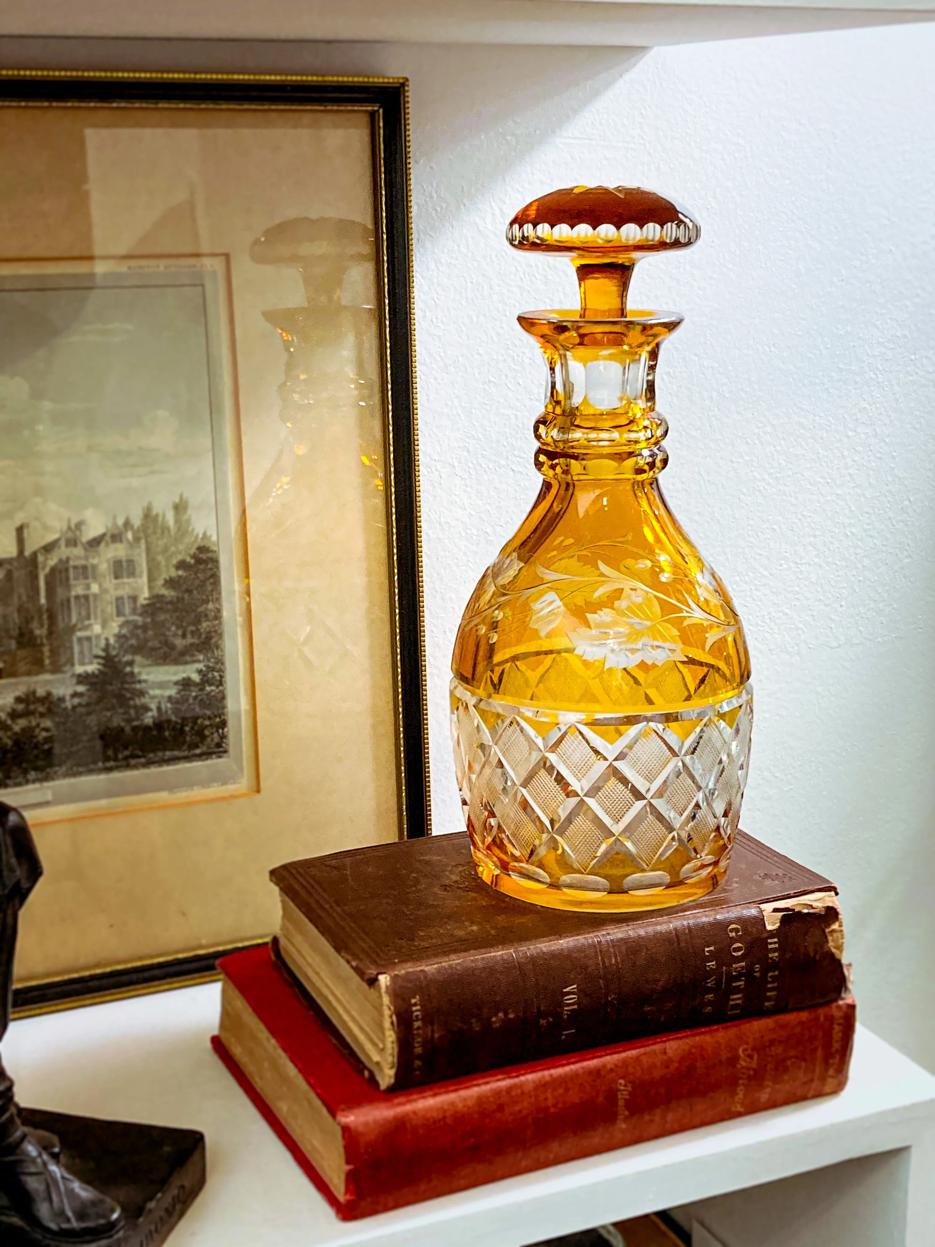 Antique Amber Glass Cut To Clear Floral Vine Motif Mushroom Top Decanter