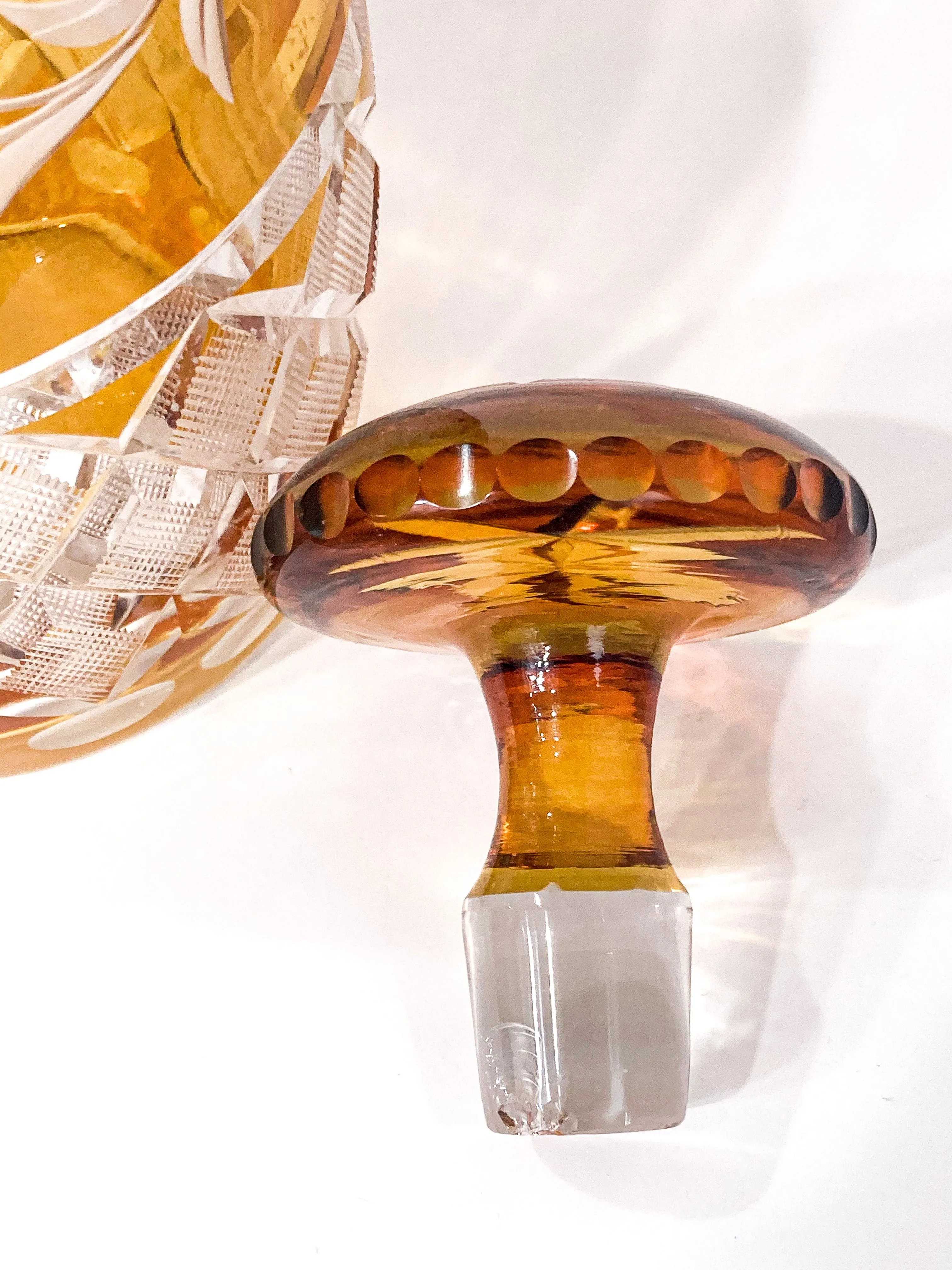 Antique Amber Glass Cut To Clear Floral Vine Motif Mushroom Top Decanter