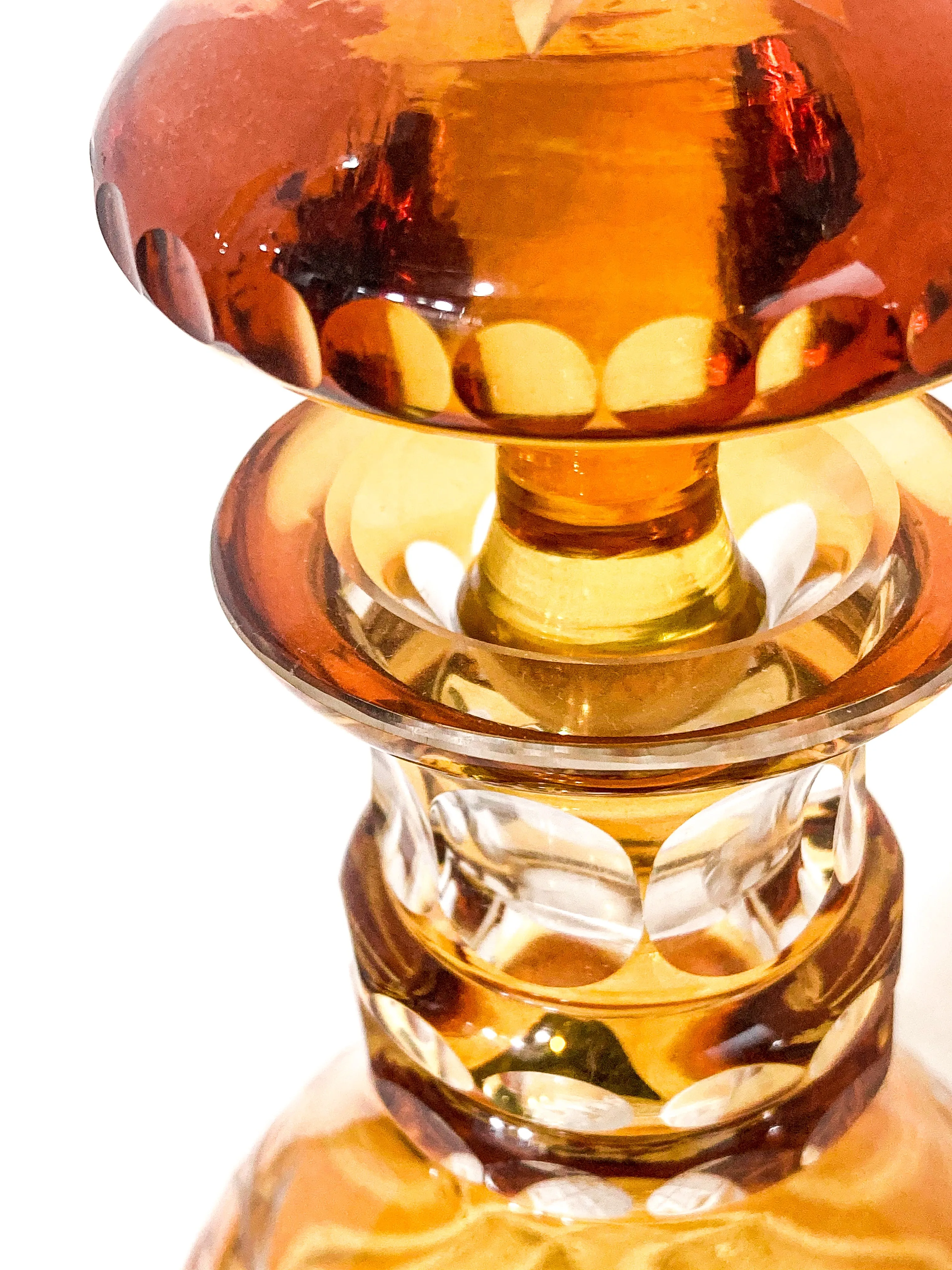 Antique Amber Glass Cut To Clear Floral Vine Motif Mushroom Top Decanter