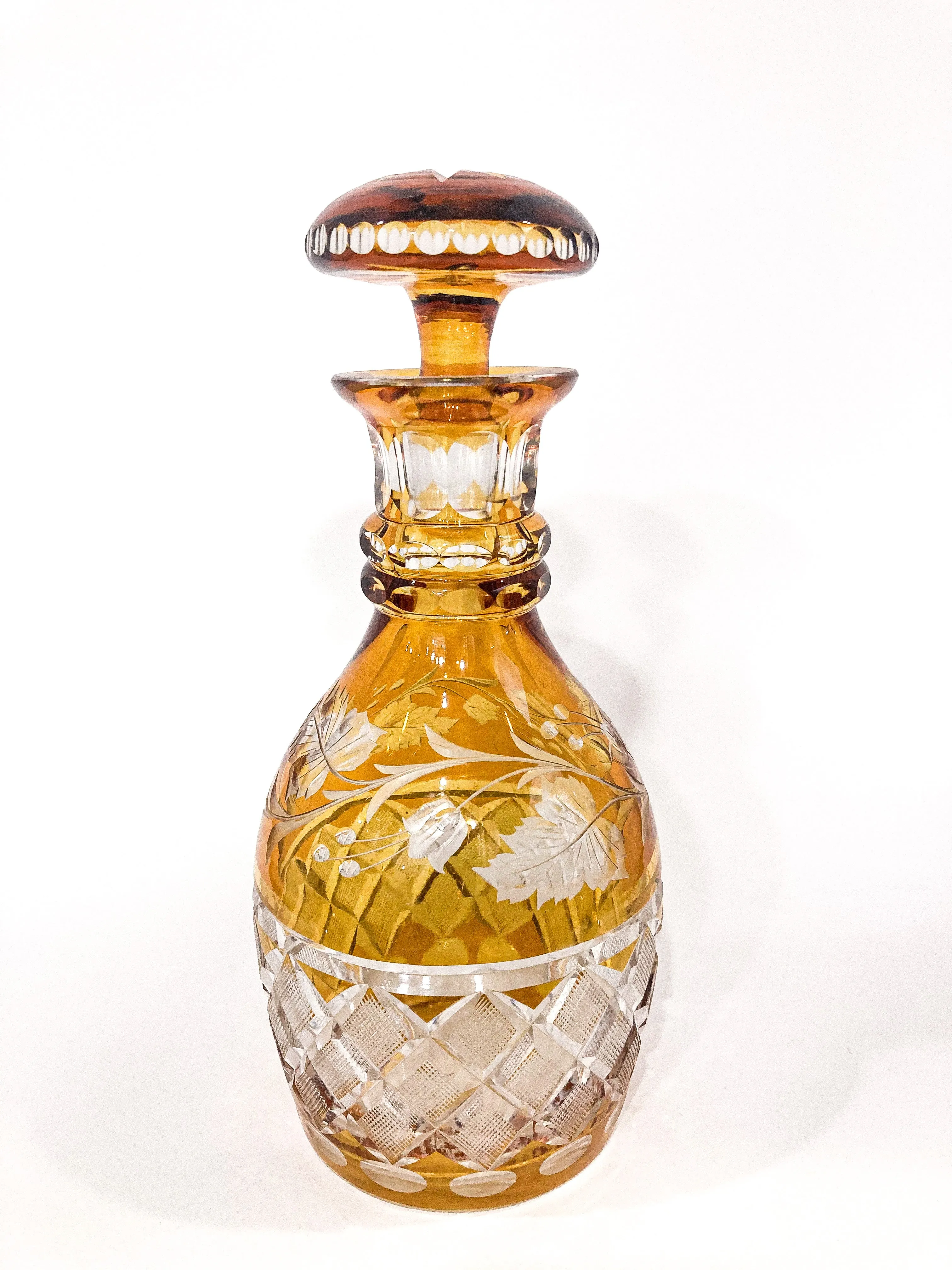 Antique Amber Glass Cut To Clear Floral Vine Motif Mushroom Top Decanter