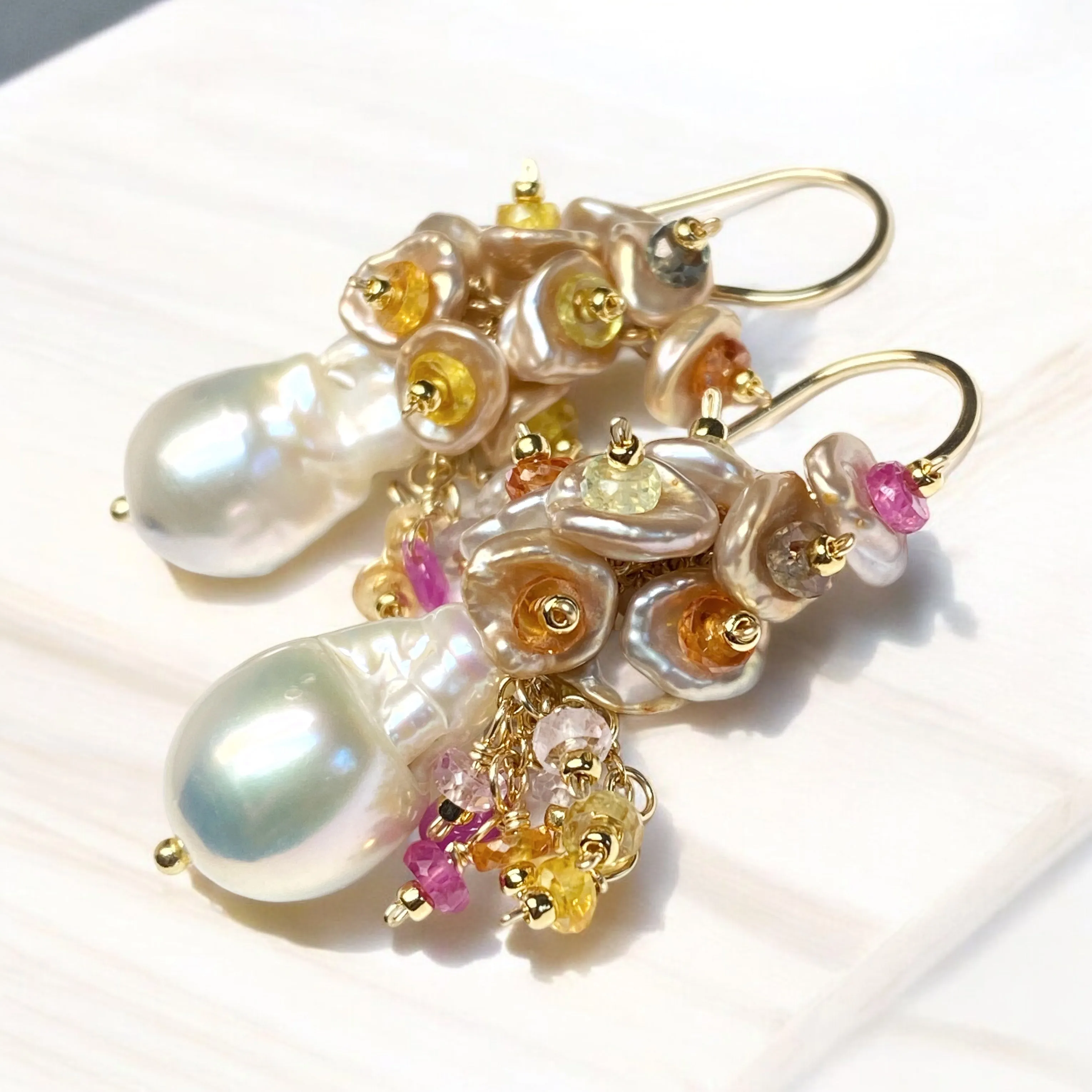 Baroque Pearl Earrings with Clusters of Sapphires and Keishi Pearls Gold Fill