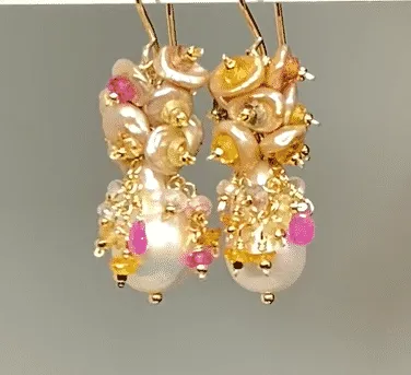 Baroque Pearl Earrings with Clusters of Sapphires and Keishi Pearls Gold Fill