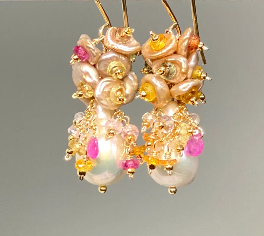 Baroque Pearl Earrings with Clusters of Sapphires and Keishi Pearls Gold Fill
