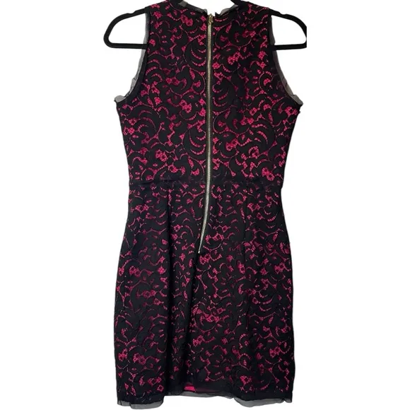 Beautiful Milly Claudia Black Lace w/Hot Pink Underlay Silky Knee Length Dress 8