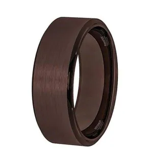 Beveled Men's All Brown Tungsten Wedding Band With Brushed Center - 8 mm