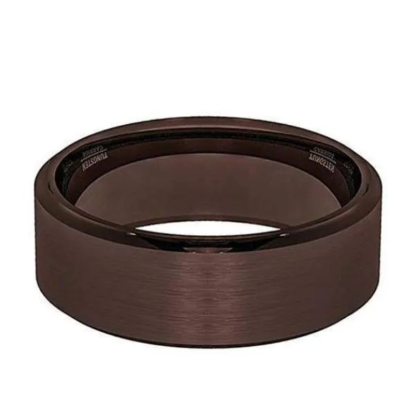 Beveled Men's All Brown Tungsten Wedding Band With Brushed Center - 8 mm