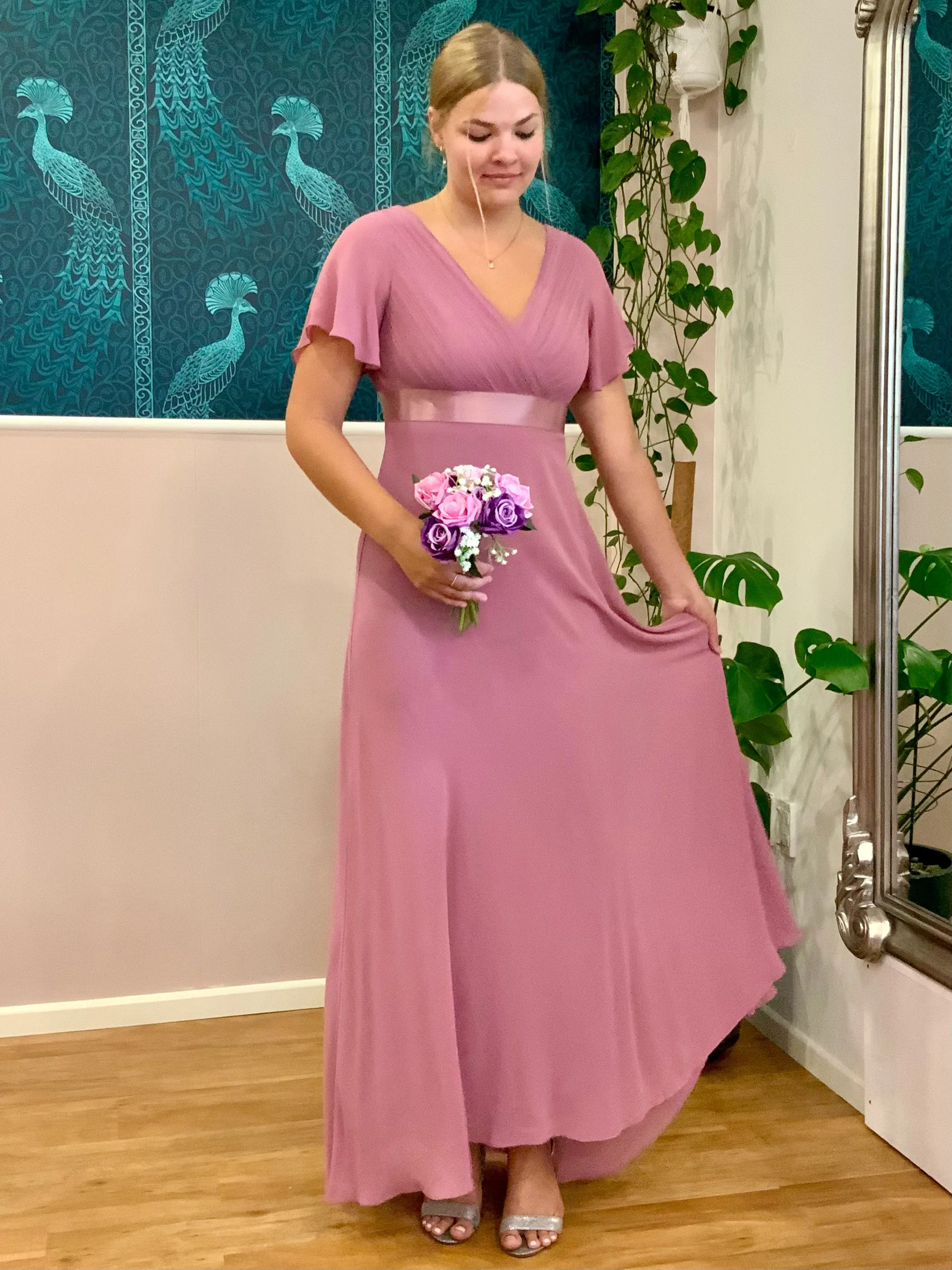 Billie flutter sleeve chiffon bridesmaid dress in dusky rose Express NZ wide