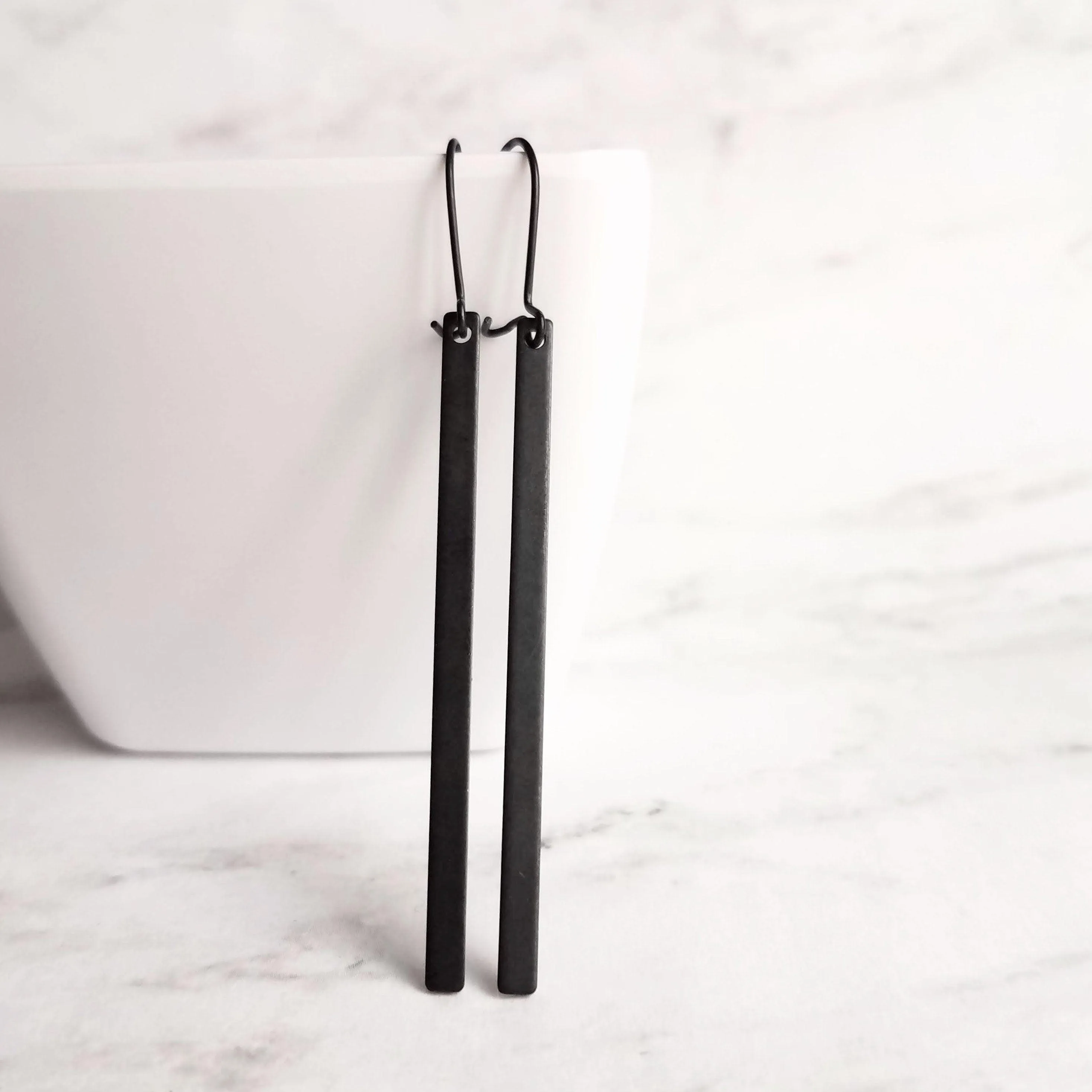 Black Bar Earrings, 3 inch long black bar earring, black stick earring, black line earring, thin earring matte black earring flat rectangle