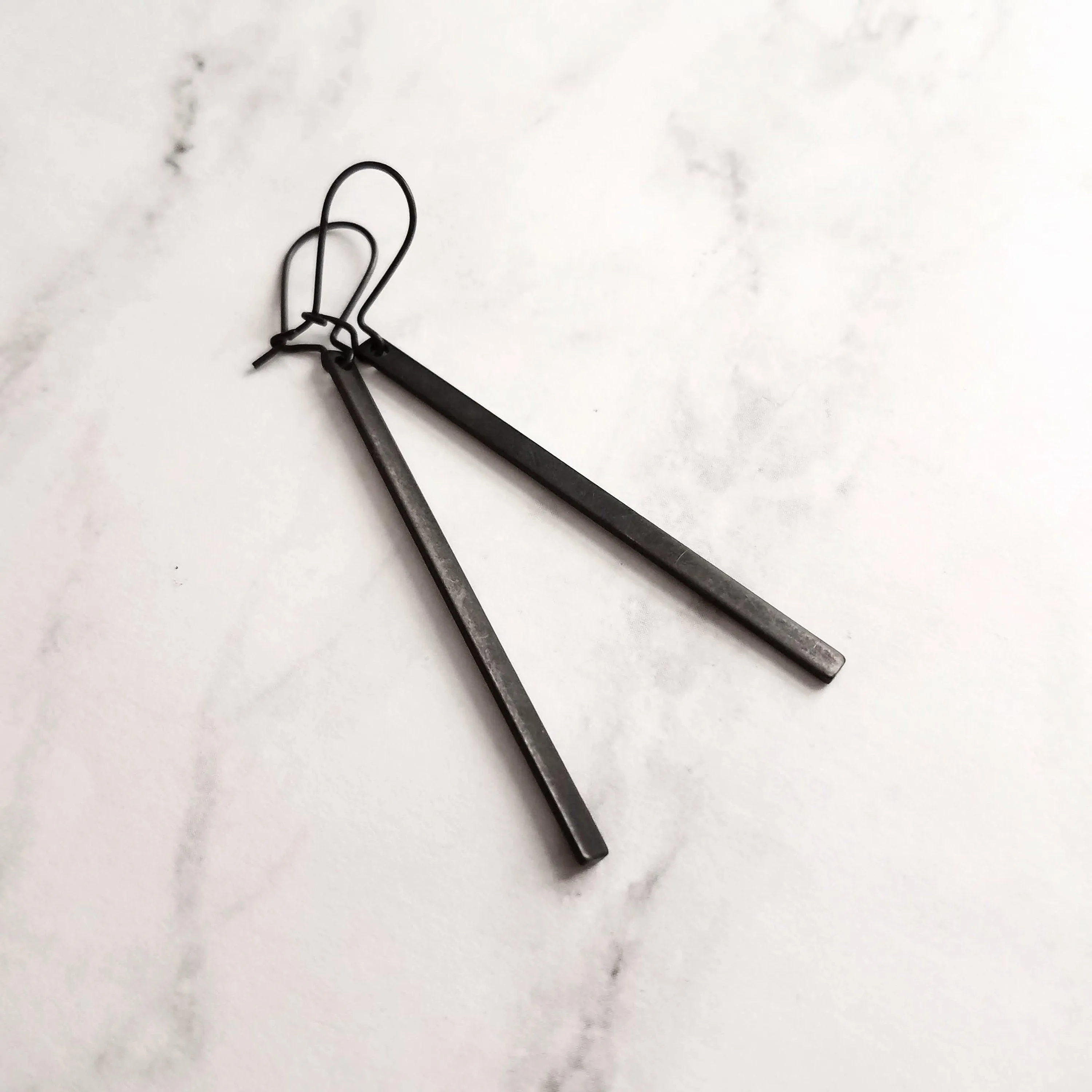 Black Bar Earrings, 3 inch long black bar earring, black stick earring, black line earring, thin earring matte black earring flat rectangle