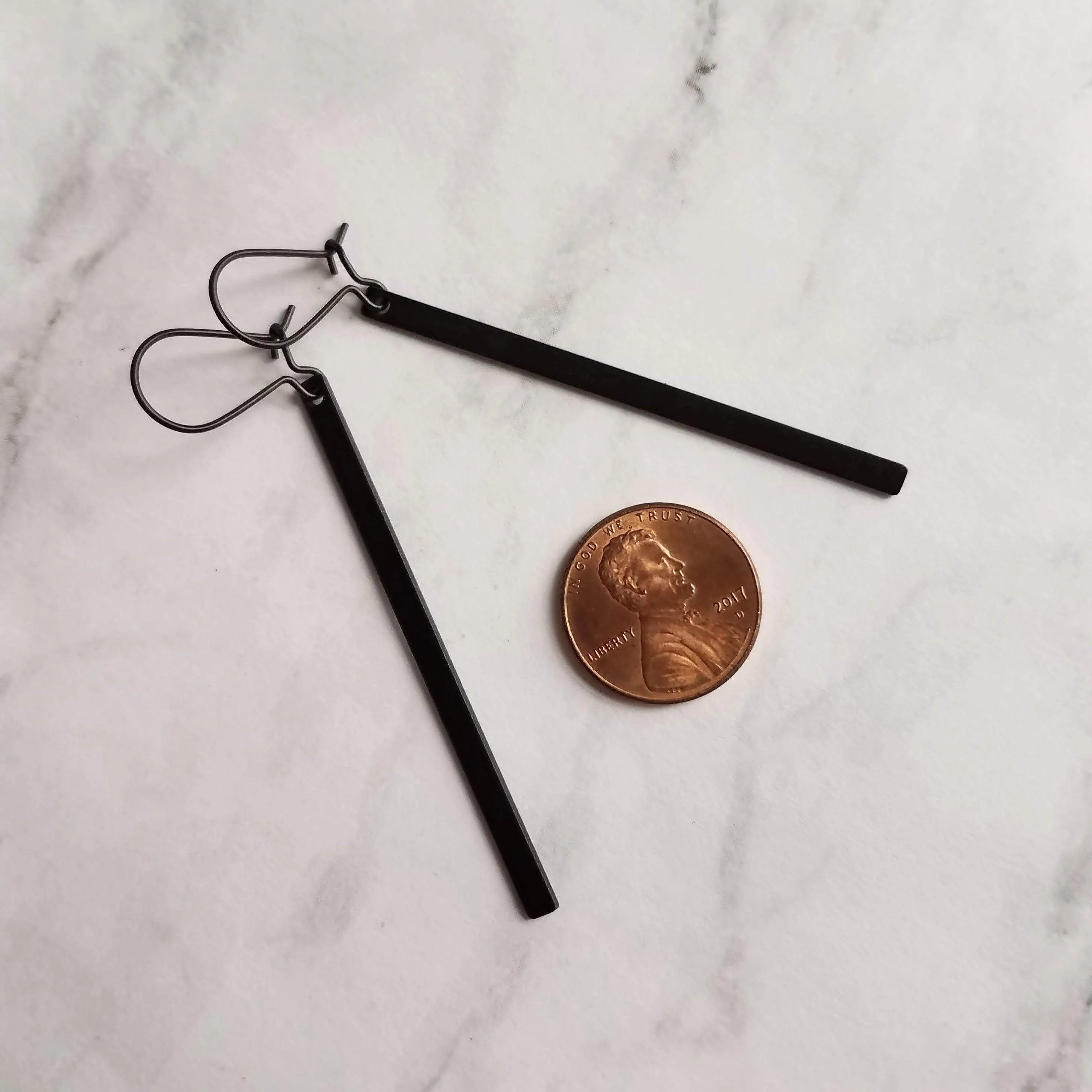 Black Bar Earrings, 3 inch long black bar earring, black stick earring, black line earring, thin earring matte black earring flat rectangle