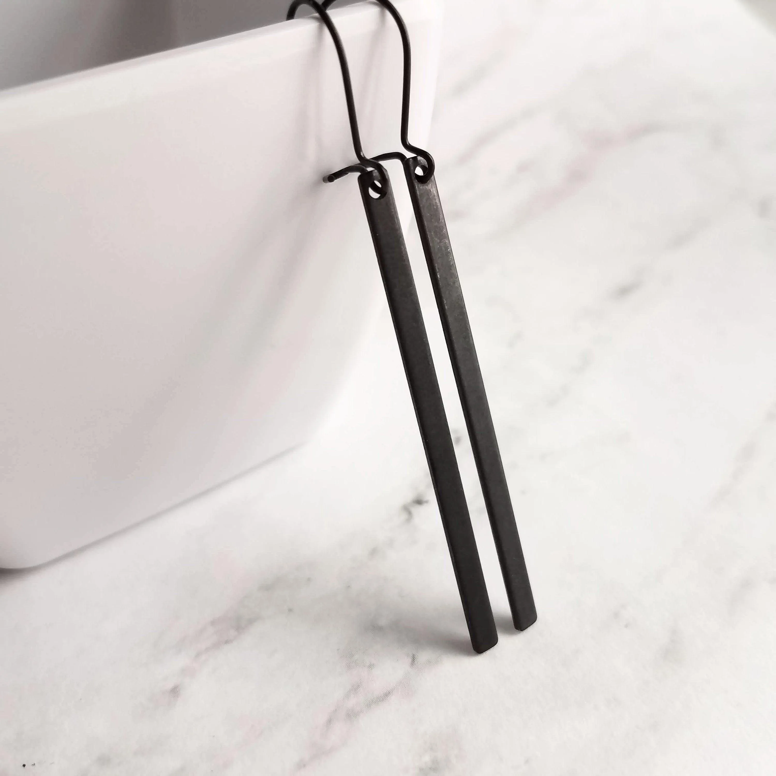 Black Bar Earrings, 3 inch long black bar earring, black stick earring, black line earring, thin earring matte black earring flat rectangle