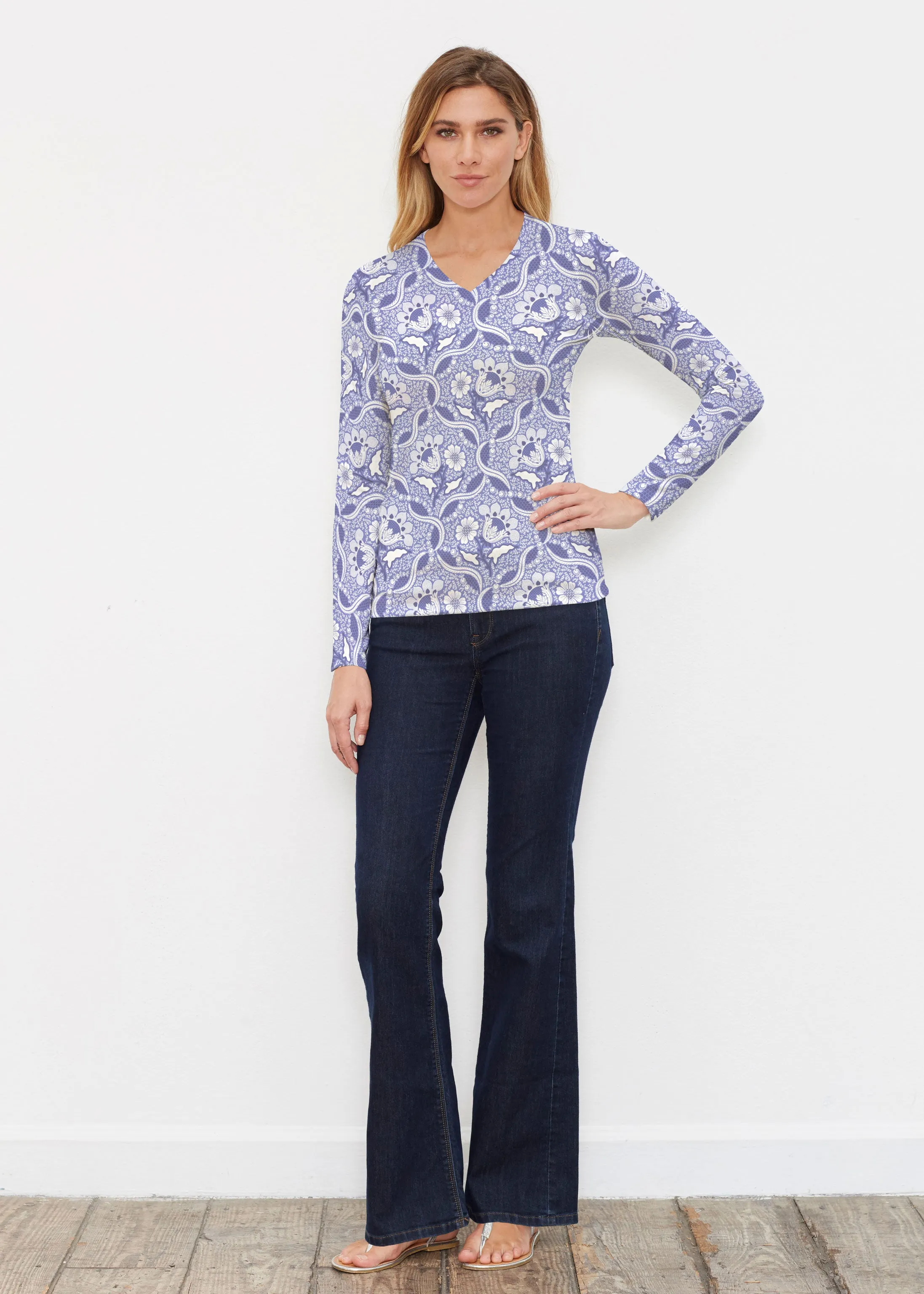 Braided Flower Navy (7917) ~ Butterknit Long Sleeve V-Neck Top