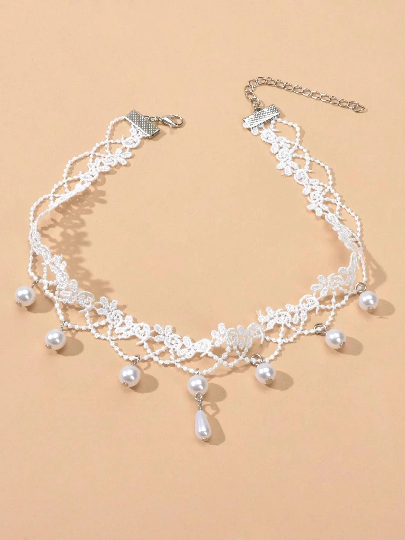 Bridal Knit Necklace, Wedding White Pearl Embroidered Scalloped Tatted Lace Choker Necklace
