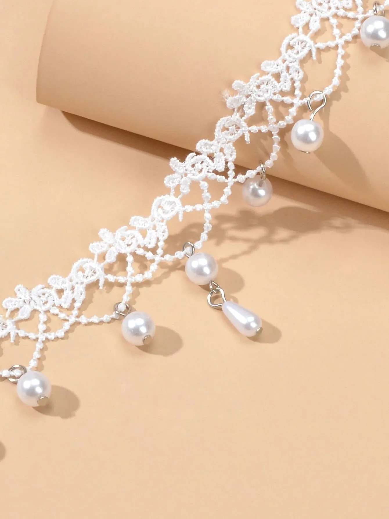 Bridal Knit Necklace, Wedding White Pearl Embroidered Scalloped Tatted Lace Choker Necklace