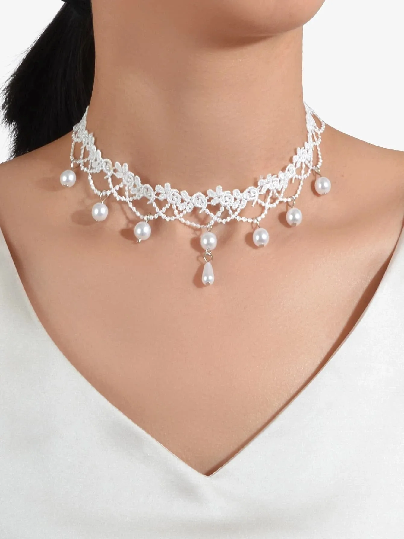Bridal Knit Necklace, Wedding White Pearl Embroidered Scalloped Tatted Lace Choker Necklace