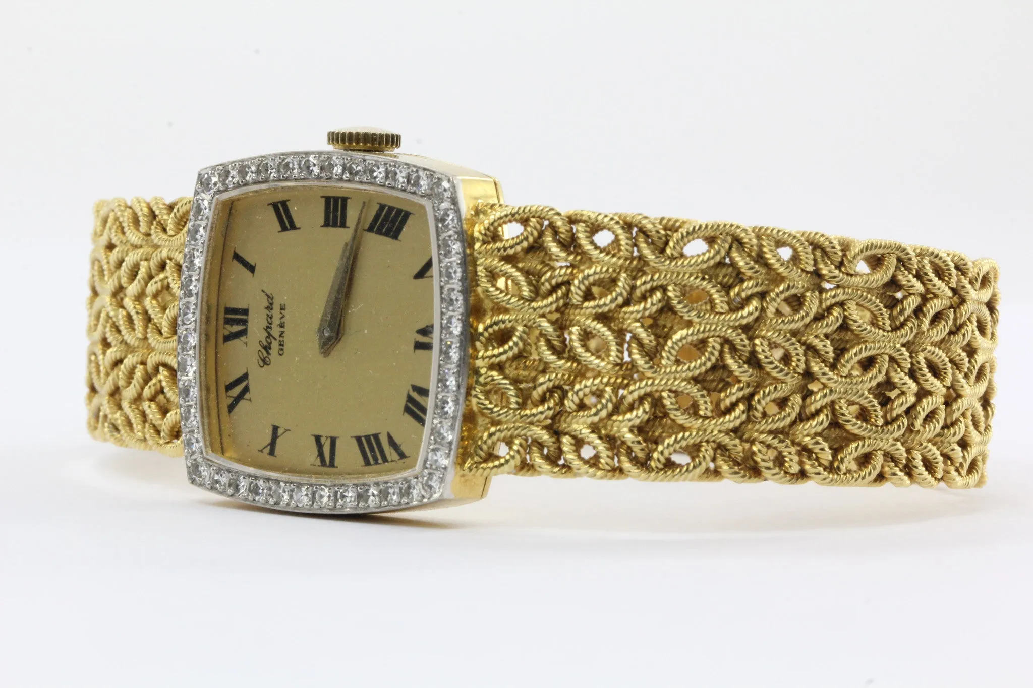Chopard 18k Gold & Diamond Watch with Byzantine Wheat Chain Bracelet