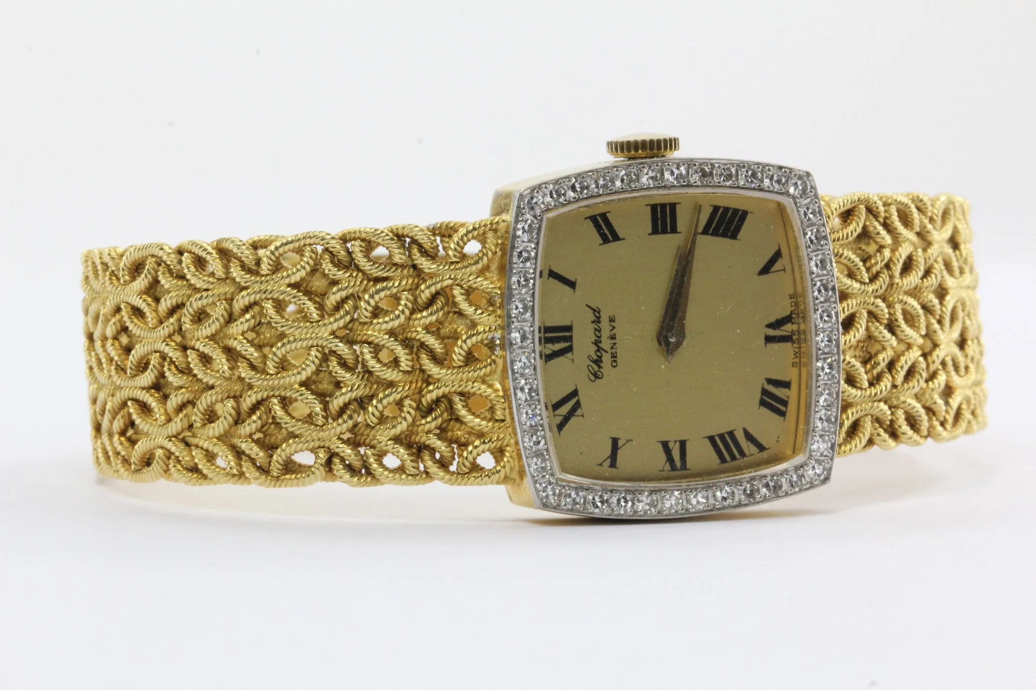 Chopard 18k Gold & Diamond Watch with Byzantine Wheat Chain Bracelet