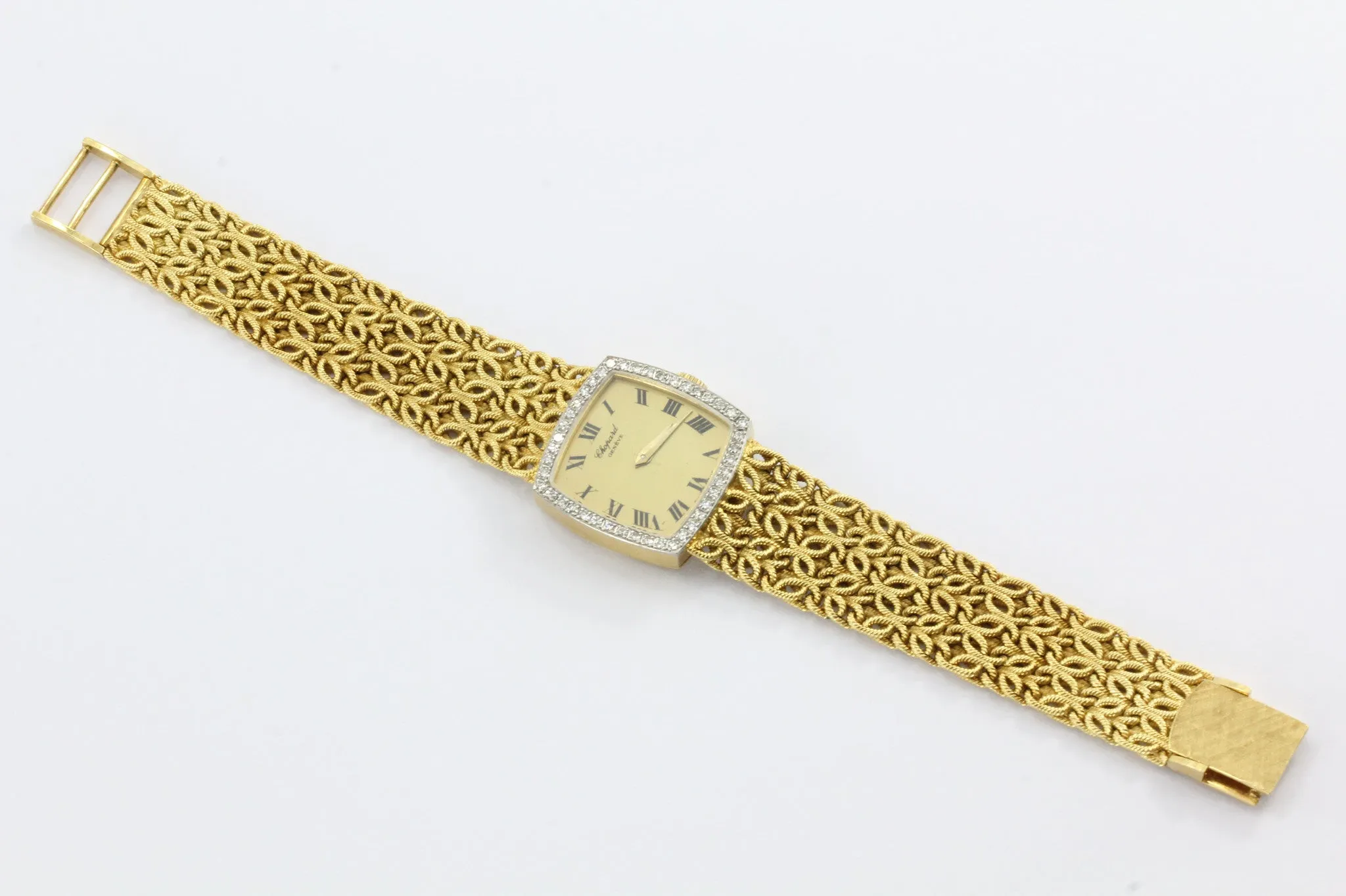 Chopard 18k Gold & Diamond Watch with Byzantine Wheat Chain Bracelet