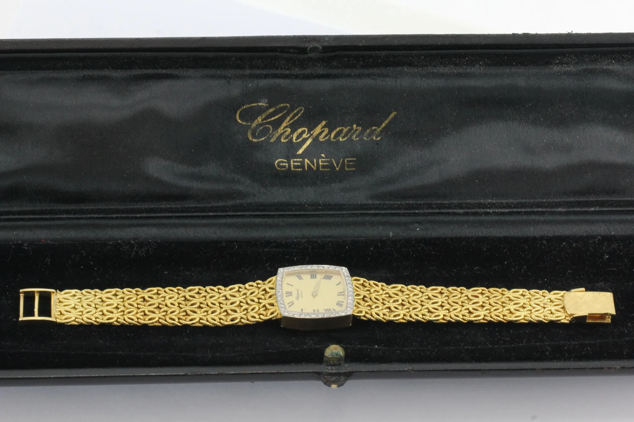Chopard 18k Gold & Diamond Watch with Byzantine Wheat Chain Bracelet