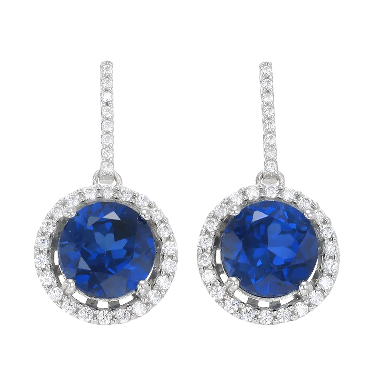 Classic Round Blue Sapphire Drop Earrings with Halo