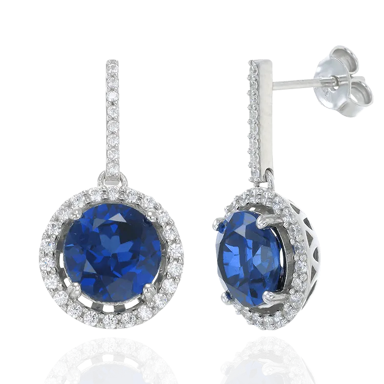 Classic Round Blue Sapphire Drop Earrings with Halo