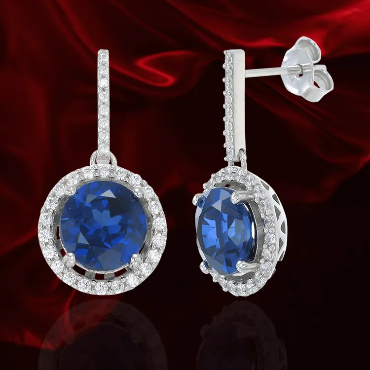 Classic Round Blue Sapphire Drop Earrings with Halo