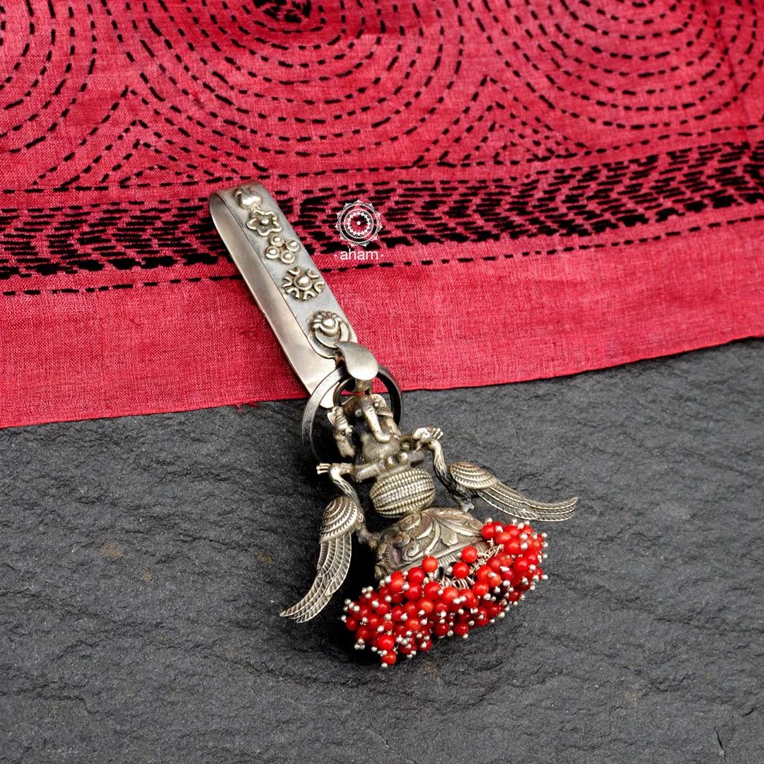 Coral Ganesha Silver Waist Key Ring