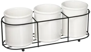 Creative Co-Op Set of 3 White Ceramic Crocks in Black Metal Holder