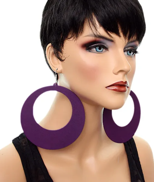 Dark Purple Large Gigantic Wooden Round Hoop Earrings