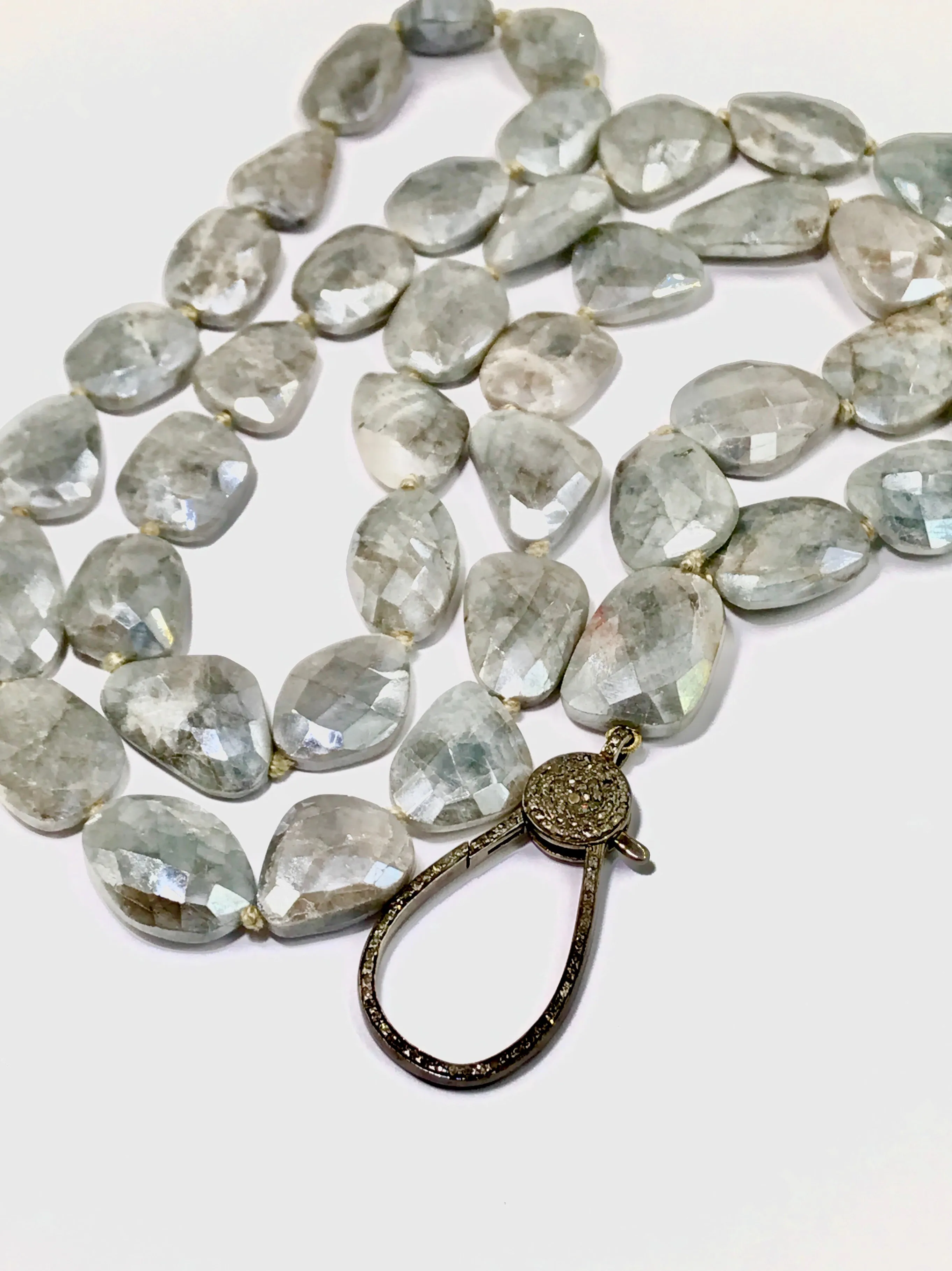 Diamond Clasp Long Boho Necklace Mystic Silver Grey Sapphire Slices