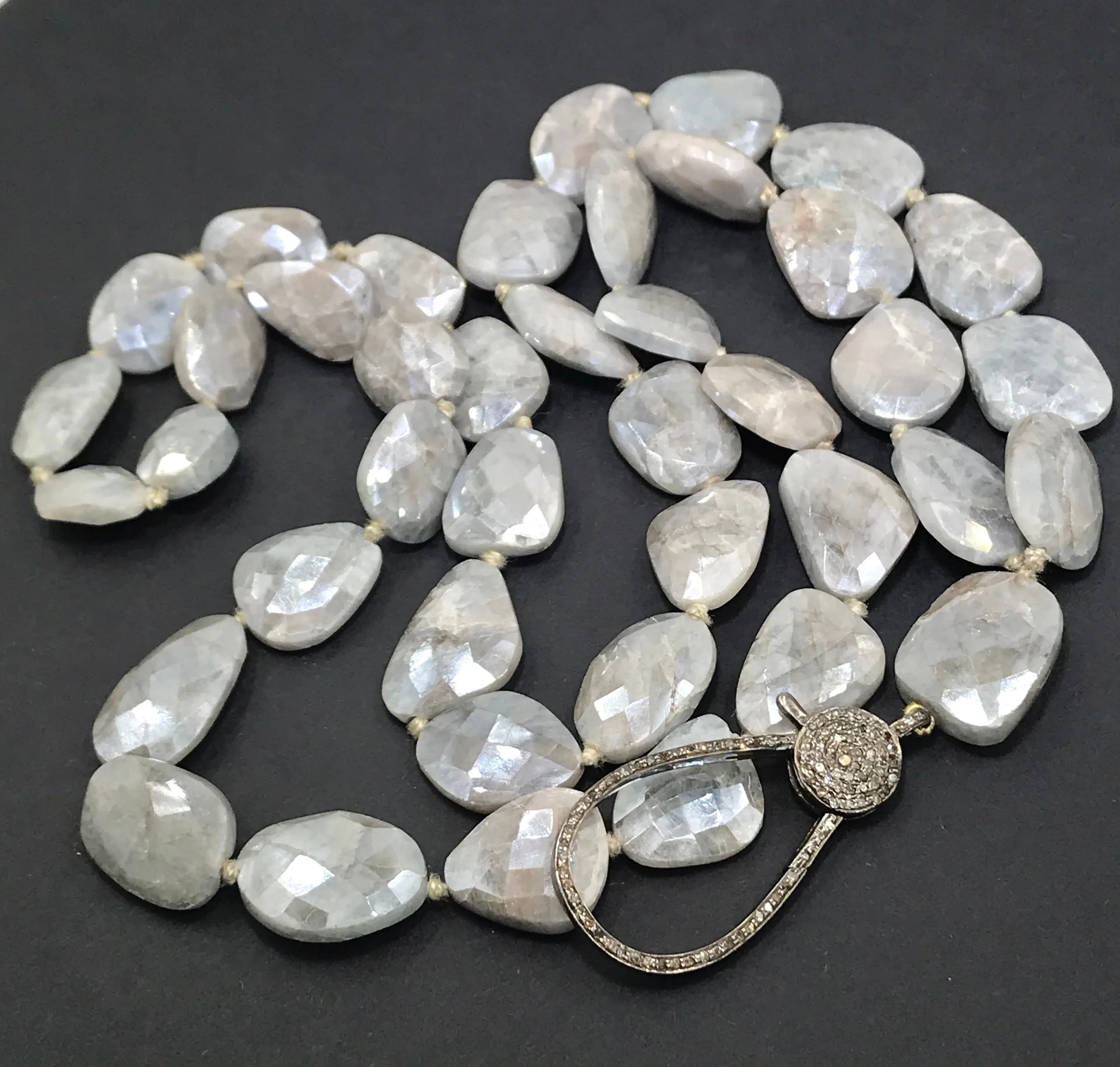 Diamond Clasp Long Boho Necklace Mystic Silver Grey Sapphire Slices