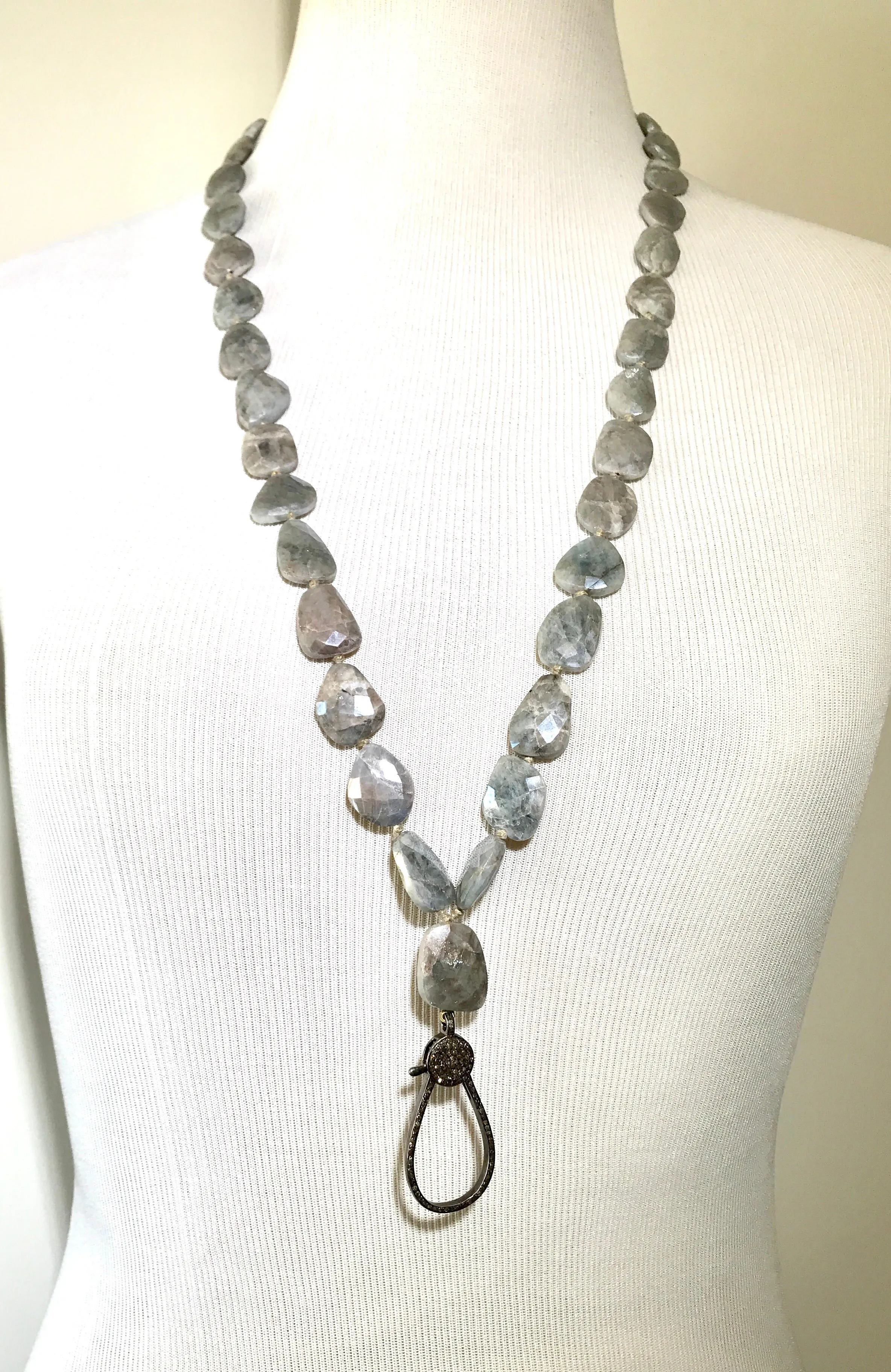 Diamond Clasp Long Boho Necklace Mystic Silver Grey Sapphire Slices