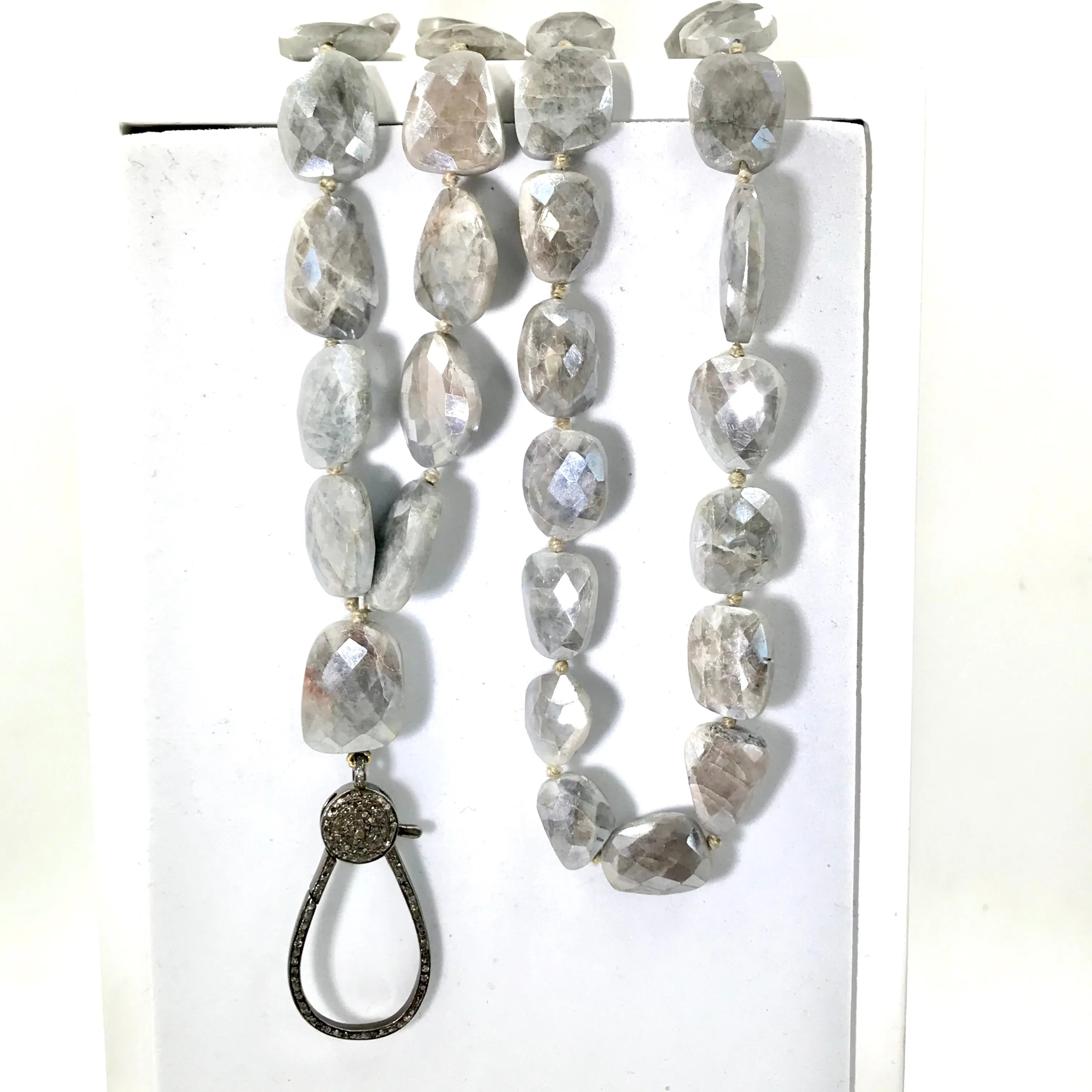 Diamond Clasp Long Boho Necklace Mystic Silver Grey Sapphire Slices