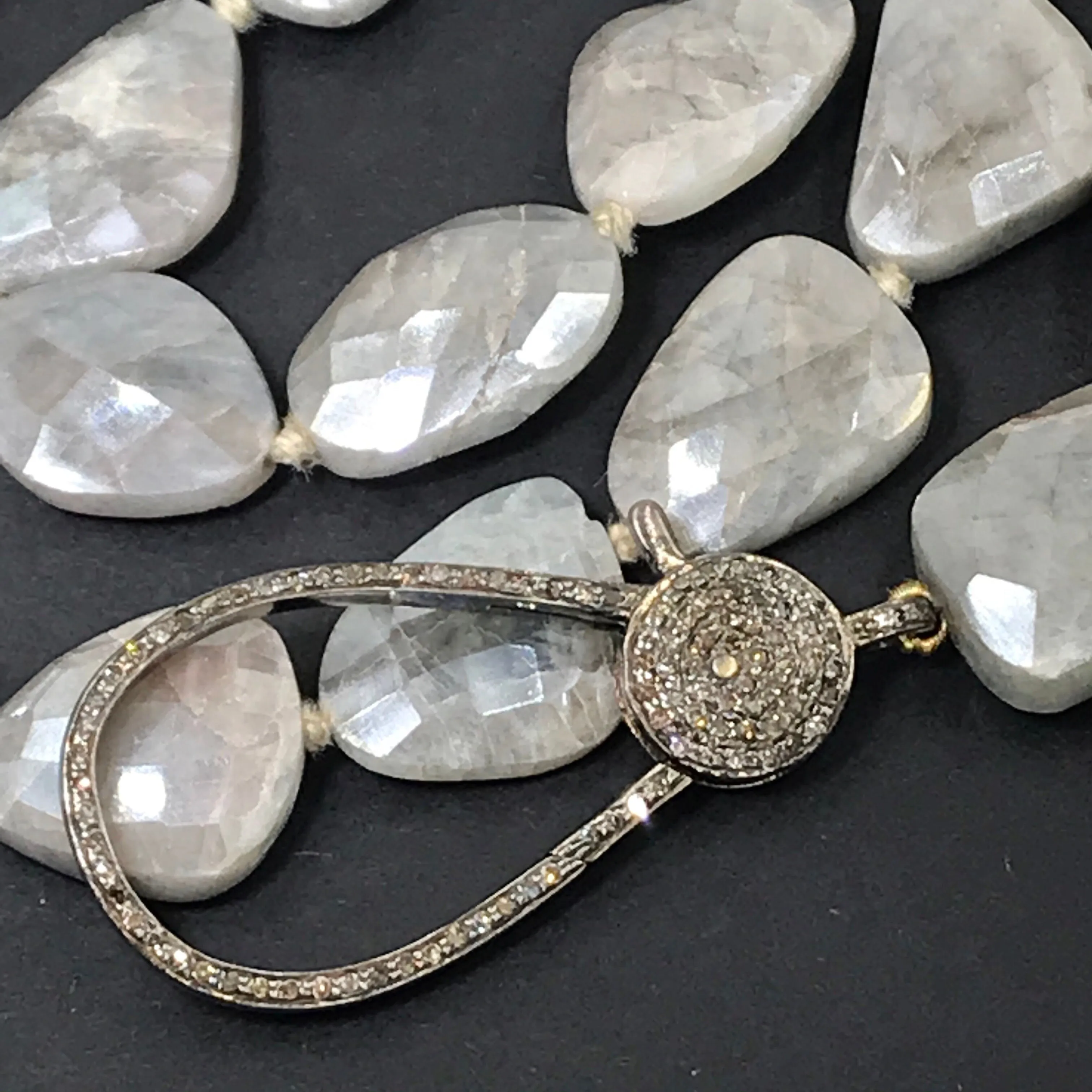 Diamond Clasp Long Boho Necklace Mystic Silver Grey Sapphire Slices