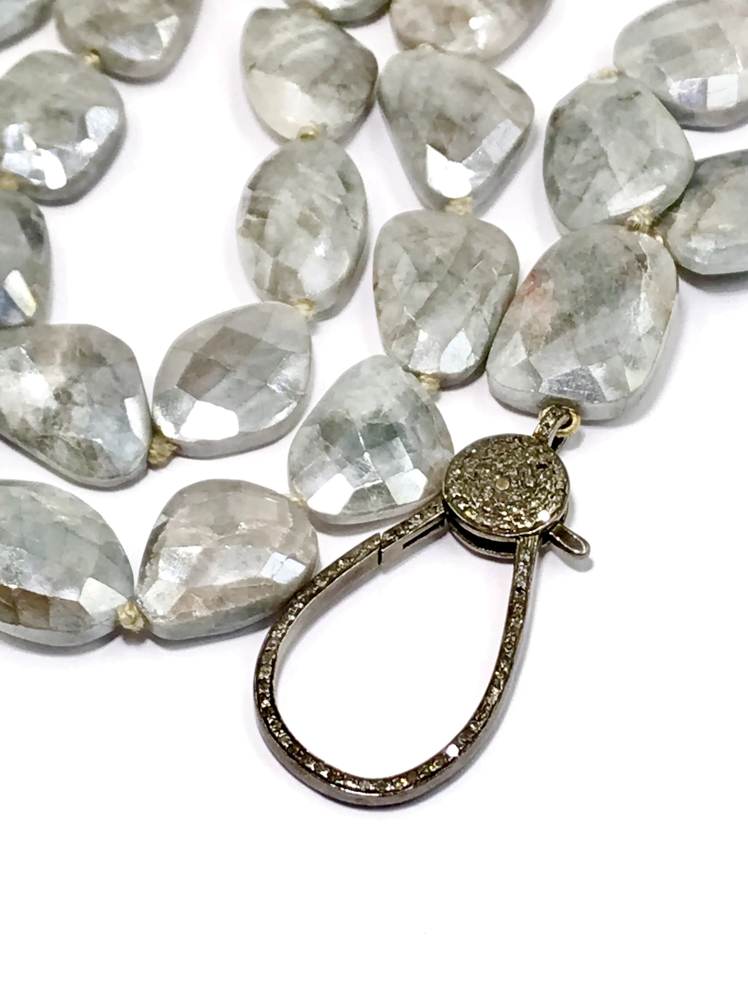 Diamond Clasp Long Boho Necklace Mystic Silver Grey Sapphire Slices