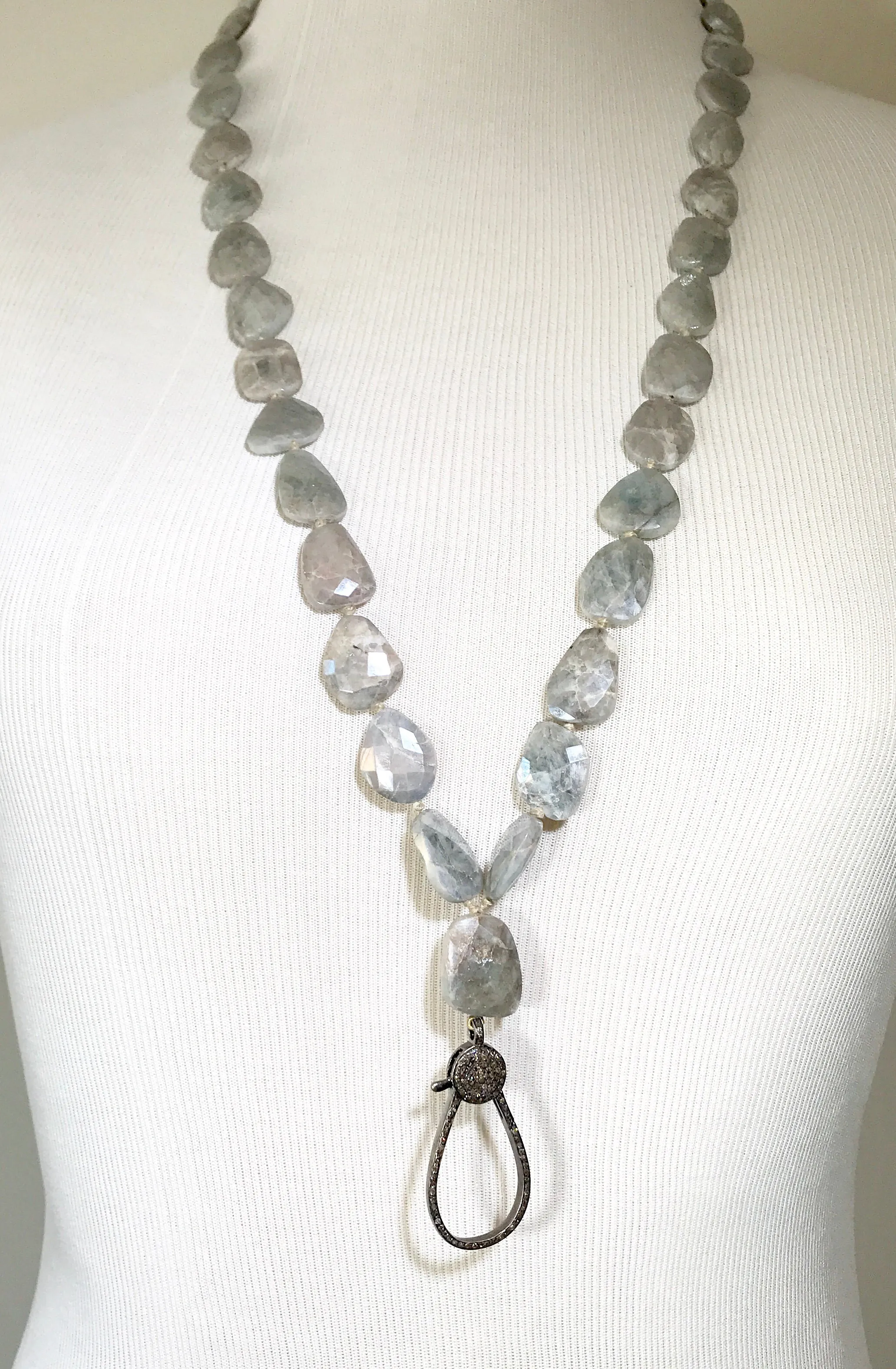 Diamond Clasp Long Boho Necklace Mystic Silver Grey Sapphire Slices