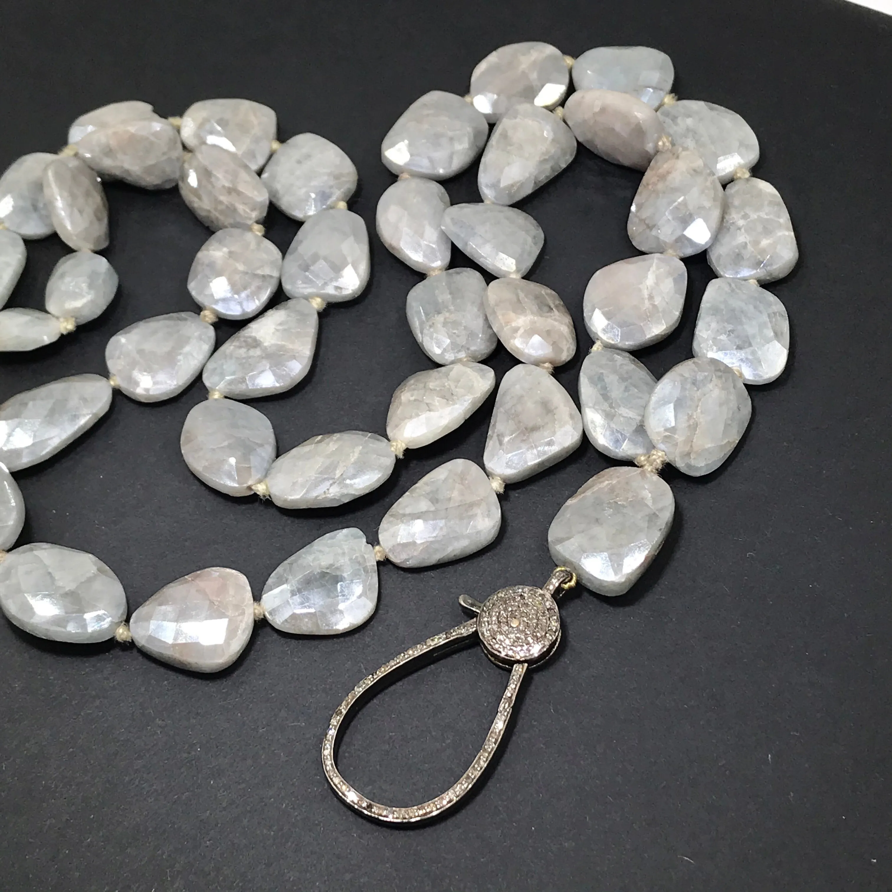 Diamond Clasp Long Boho Necklace Mystic Silver Grey Sapphire Slices