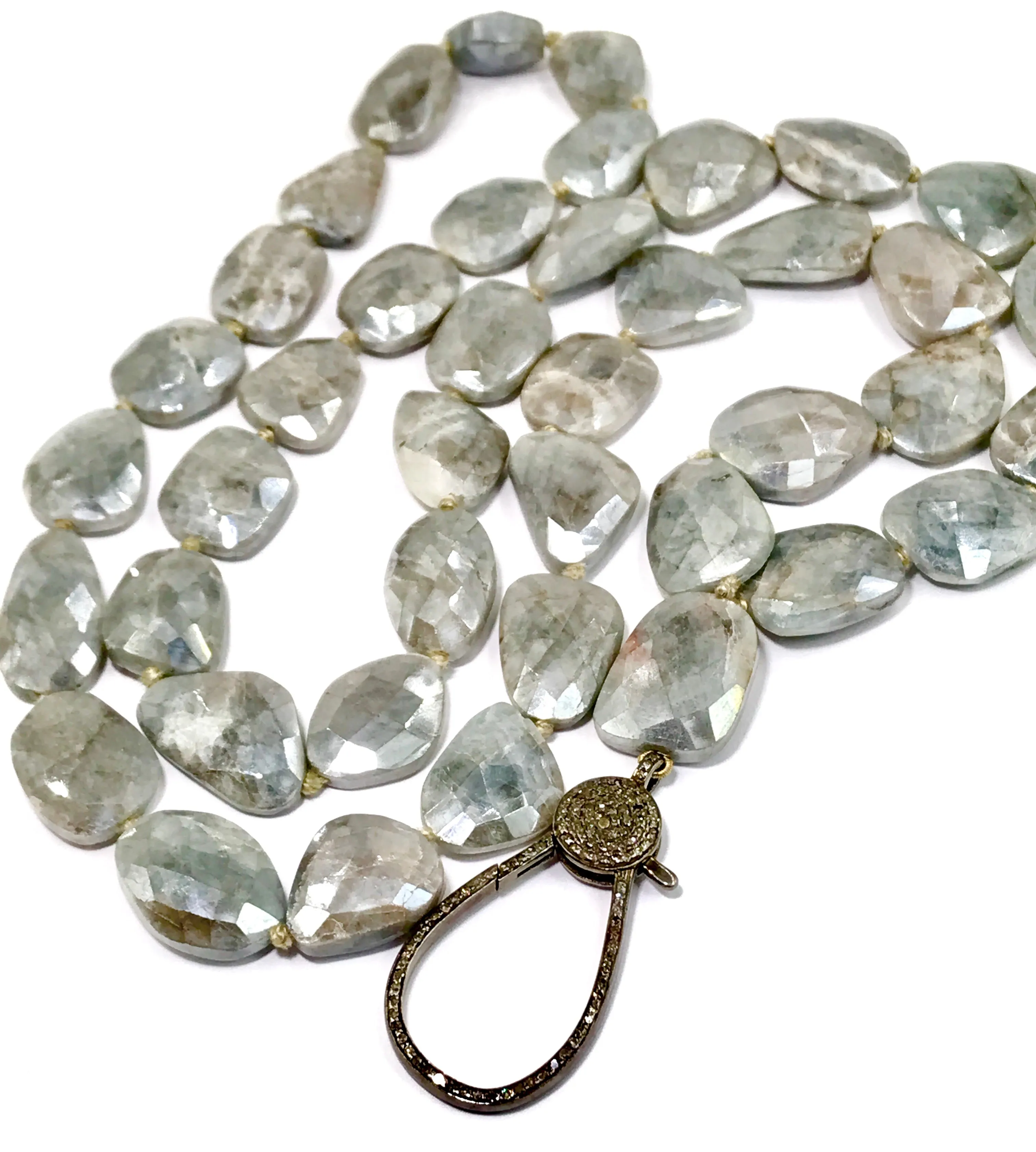 Diamond Clasp Long Boho Necklace Mystic Silver Grey Sapphire Slices