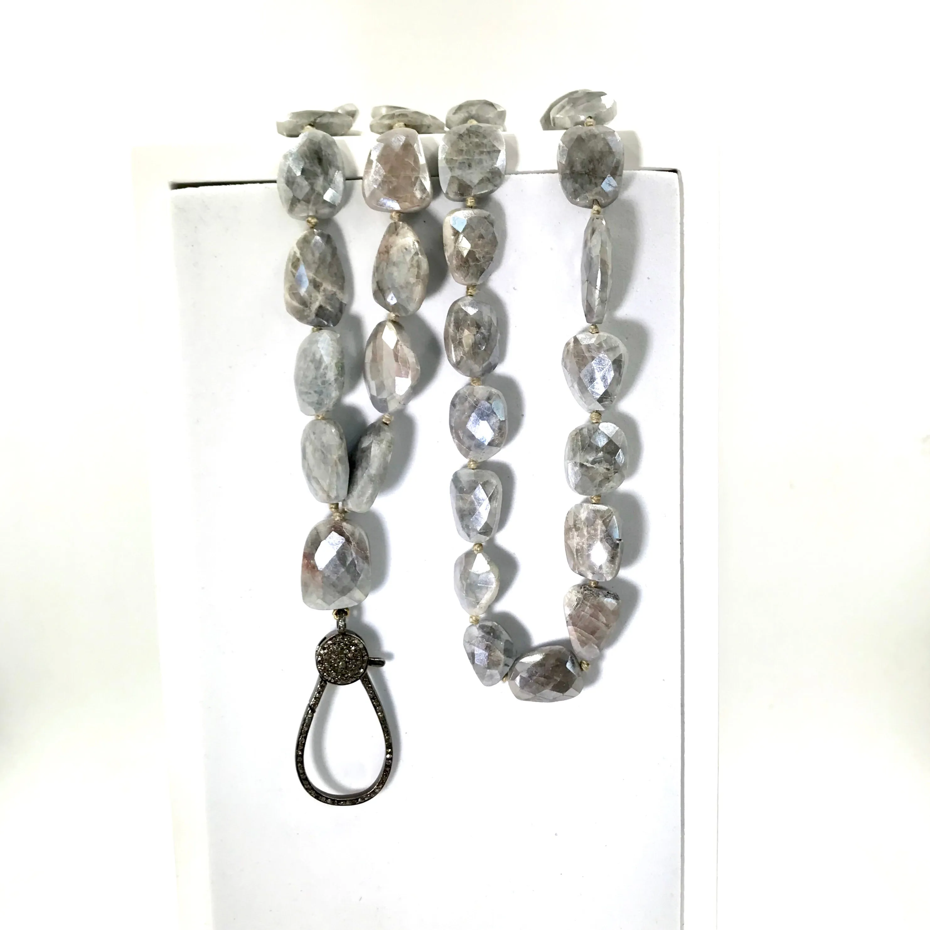 Diamond Clasp Long Boho Necklace Mystic Silver Grey Sapphire Slices