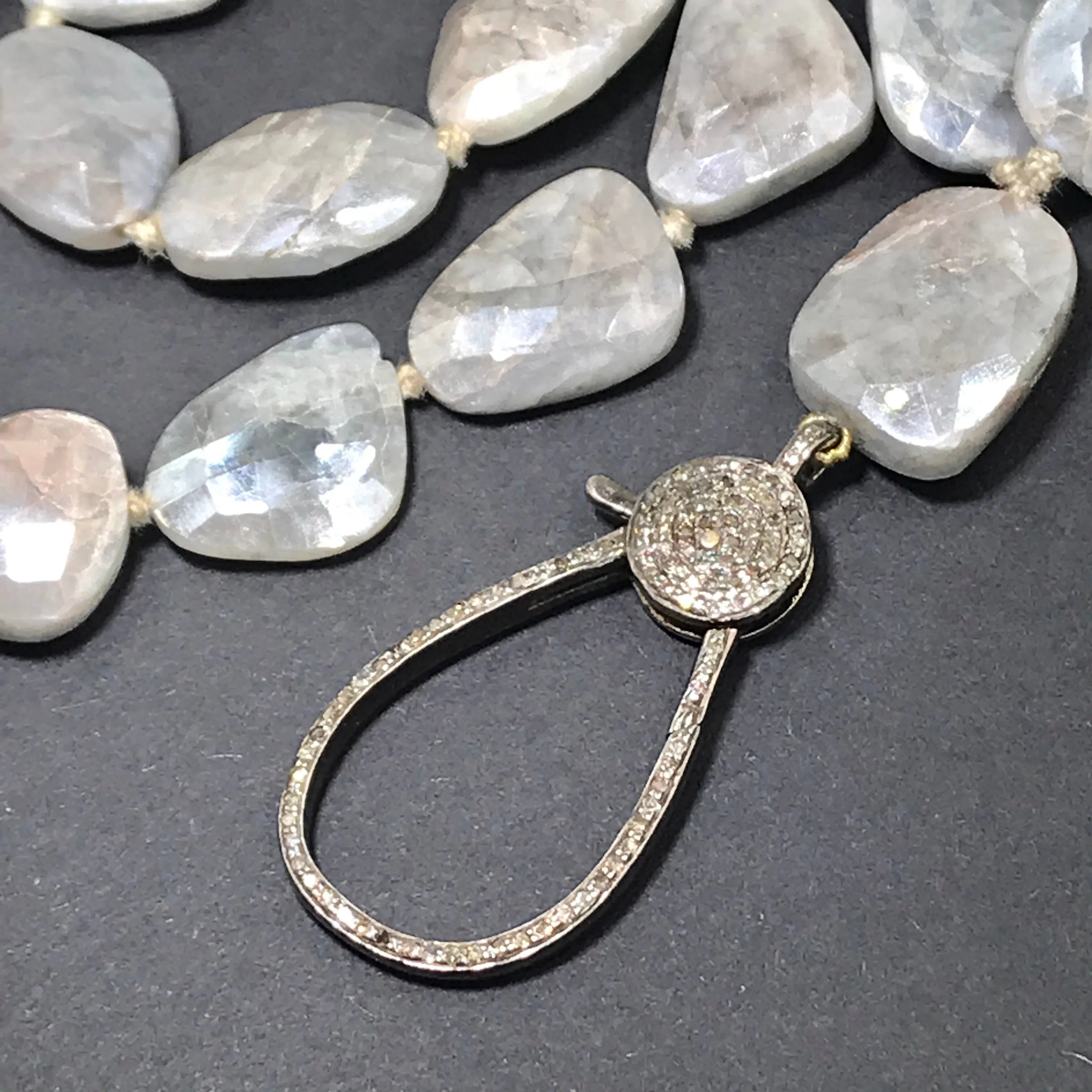 Diamond Clasp Long Boho Necklace Mystic Silver Grey Sapphire Slices