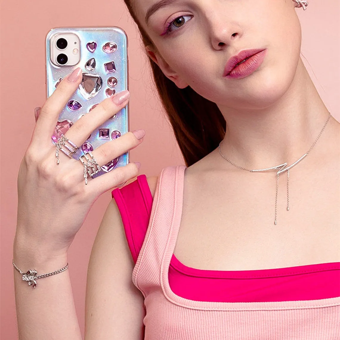 Diamond or Pink Sapphire Chain Bondage Ring