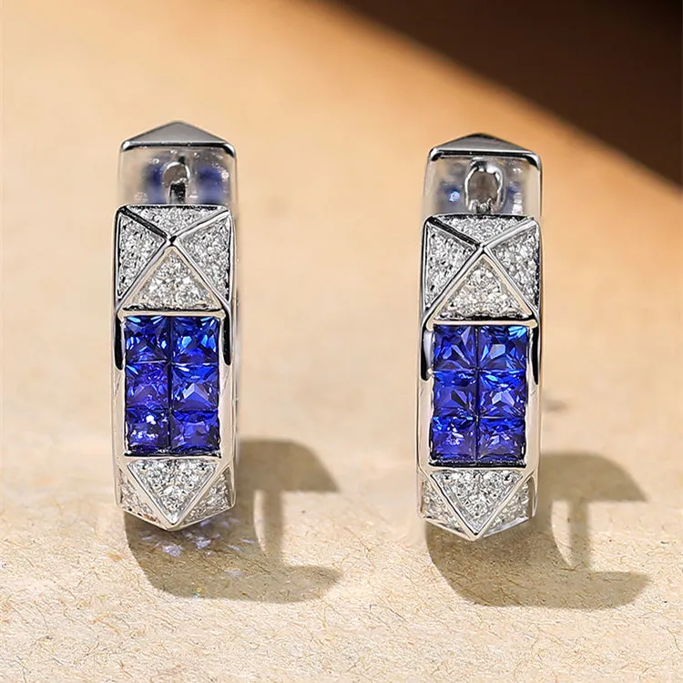 Diamond Pave Pyramid and Sapphire Accent Hoop Earrings