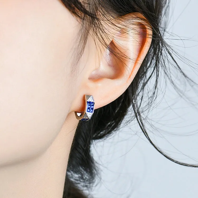 Diamond Pave Pyramid and Sapphire Accent Hoop Earrings