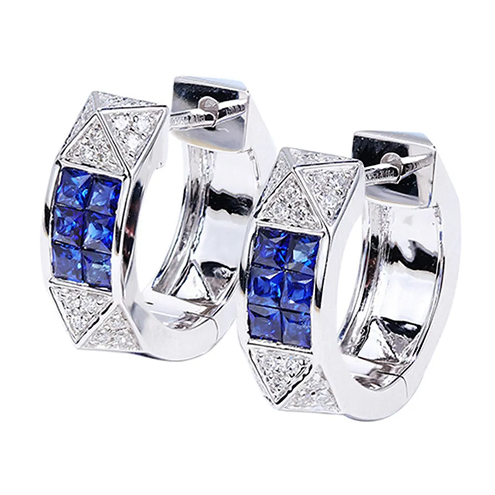 Diamond Pave Pyramid and Sapphire Accent Hoop Earrings