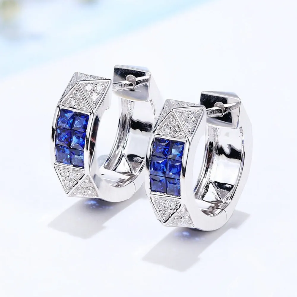 Diamond Pave Pyramid and Sapphire Accent Hoop Earrings