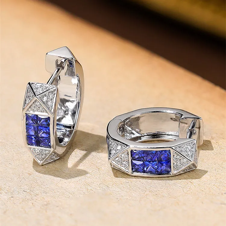 Diamond Pave Pyramid and Sapphire Accent Hoop Earrings