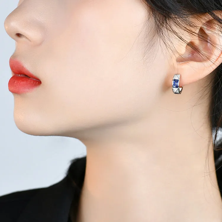 Diamond Pave Pyramid and Sapphire Accent Hoop Earrings